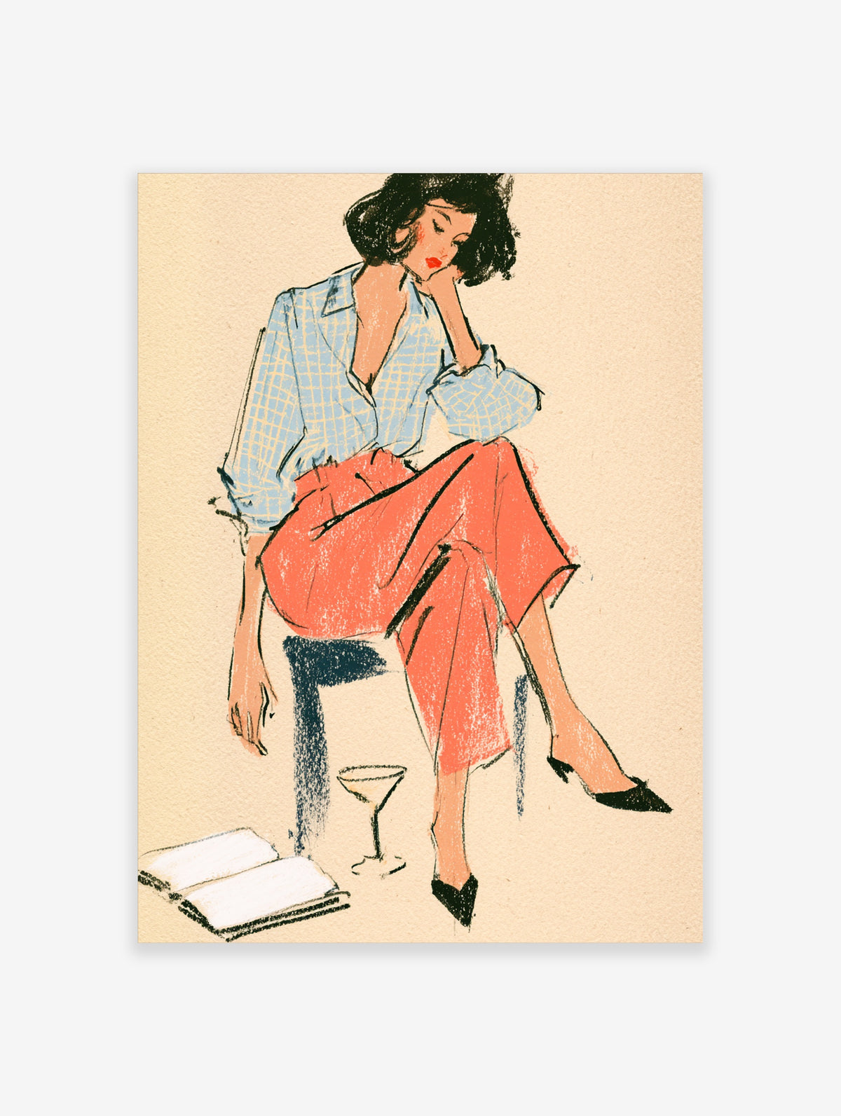 Retro fashion illustration of a seated woman in a blue check shirt and coral trousers beside a cocktail glass and open book