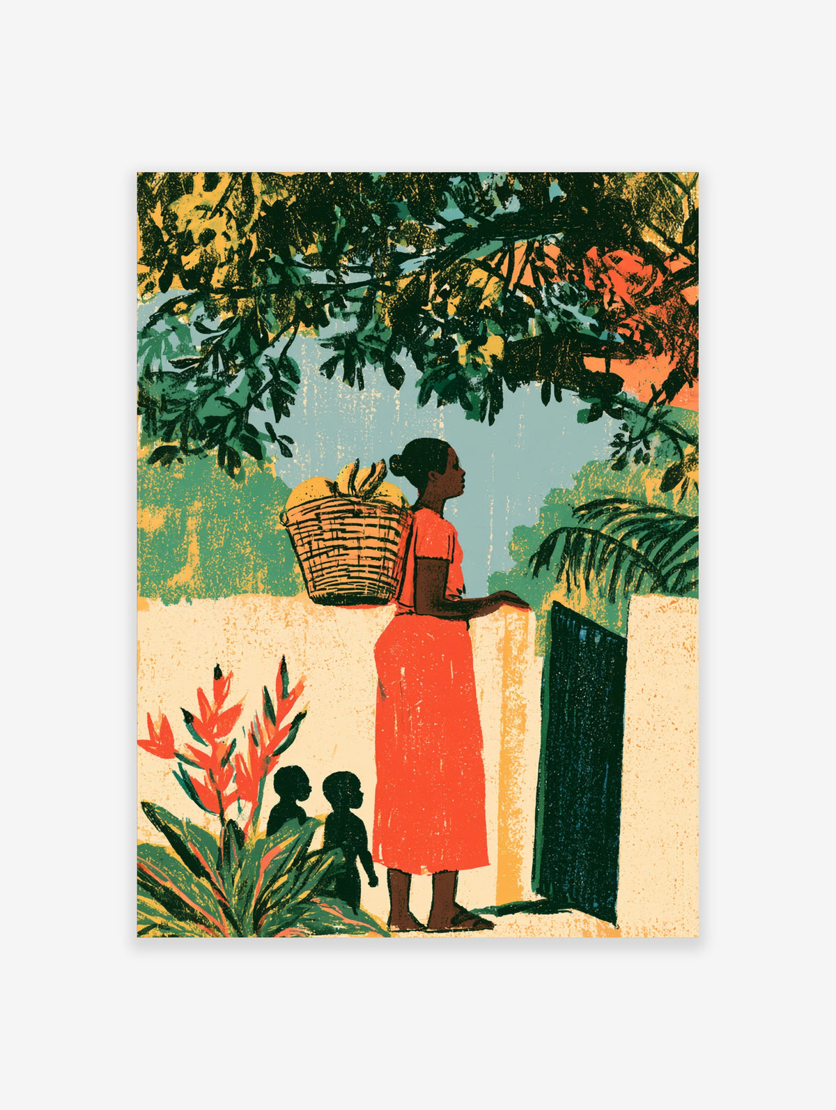 Woman in orange dress with fruit basket on wall, children silhouettes and tropical leaves
