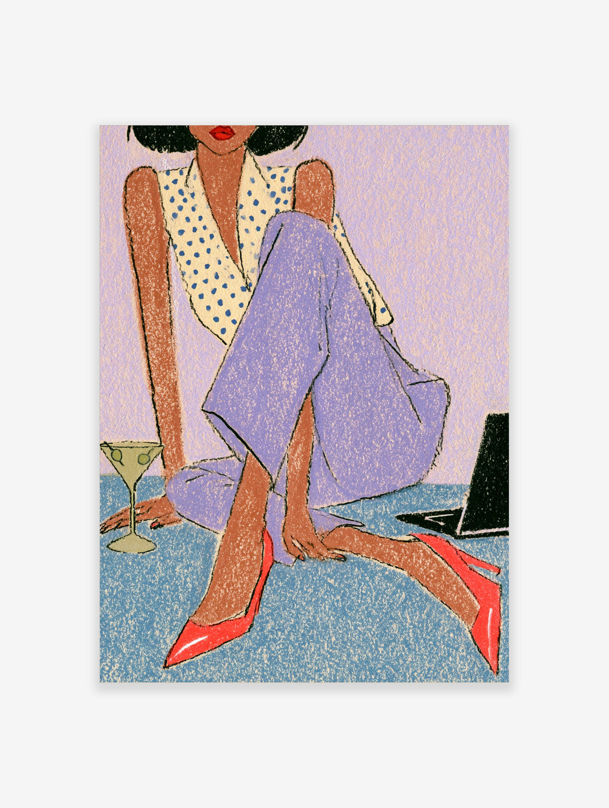 Retro illustration of a seated woman in polka-dot top and lilac trousers with laptop and martini glass