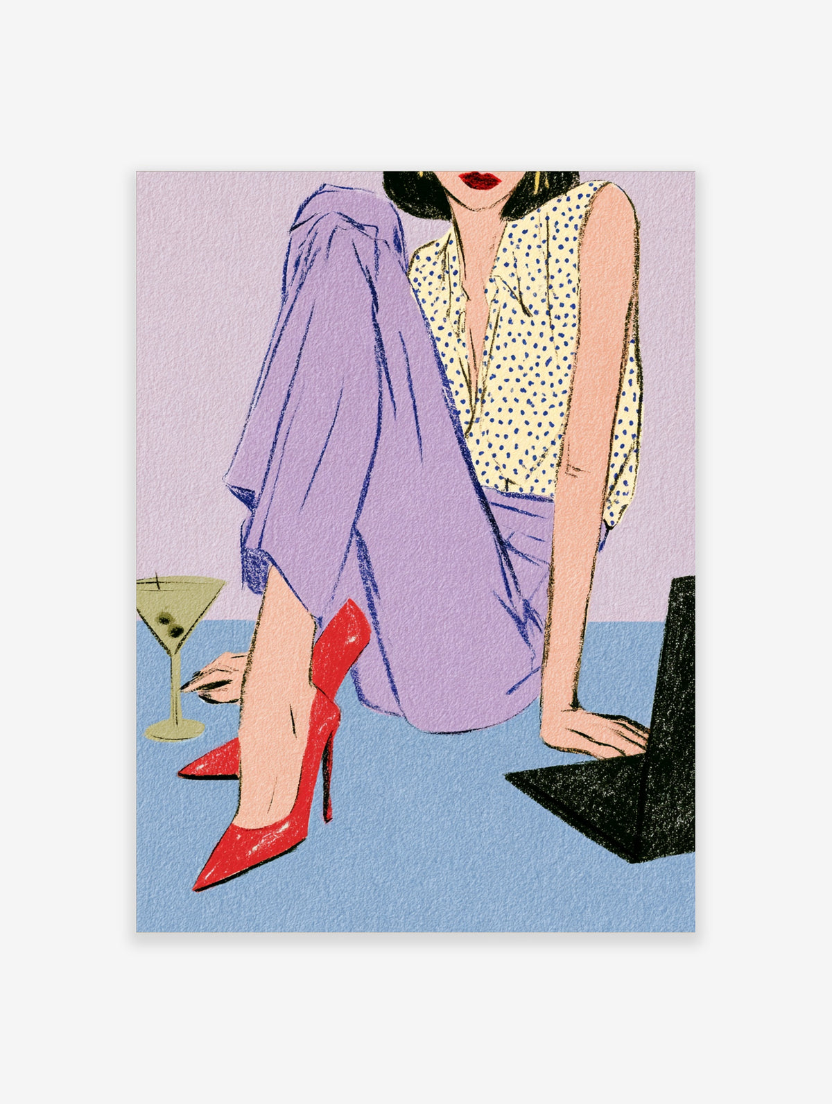 Retro illustration of a seated woman in polka dot top and purple trousers with red heels, laptop and cocktail glass