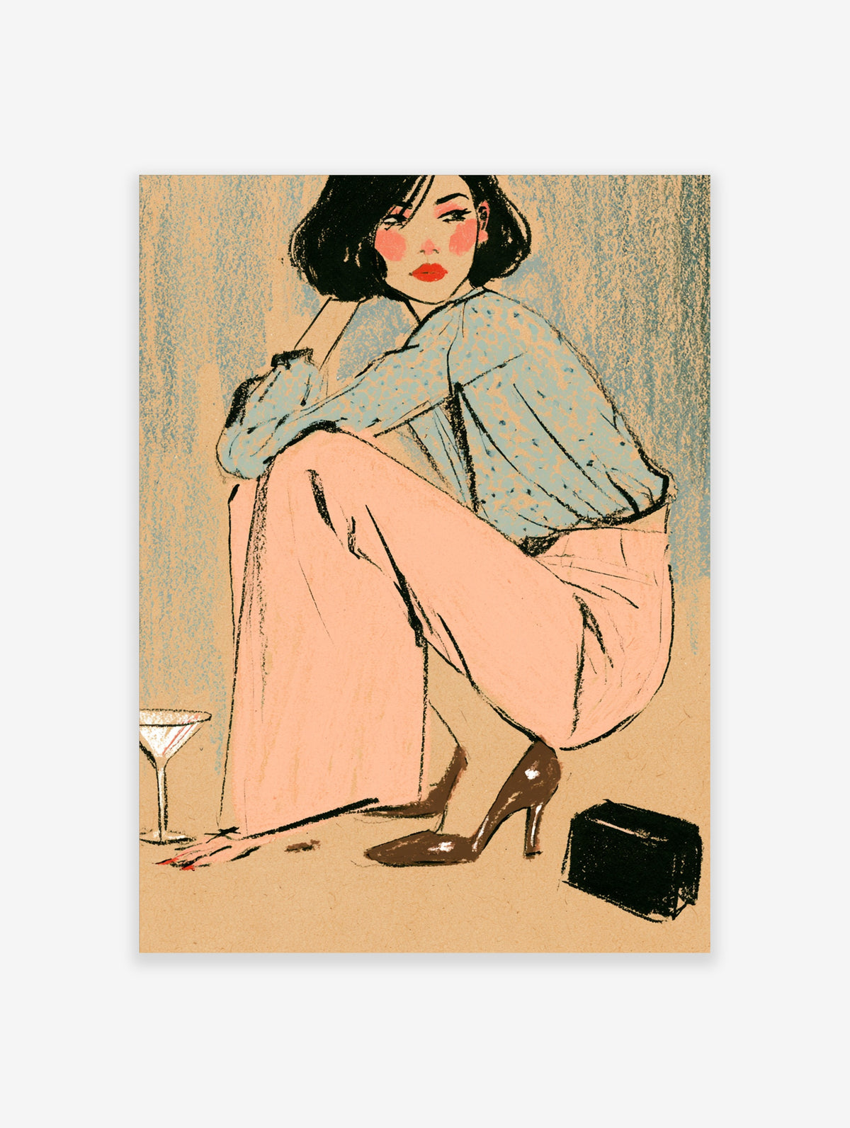 Retro illustration of a seated woman in blue blouse and pink trousers beside a martini glass and black clutch