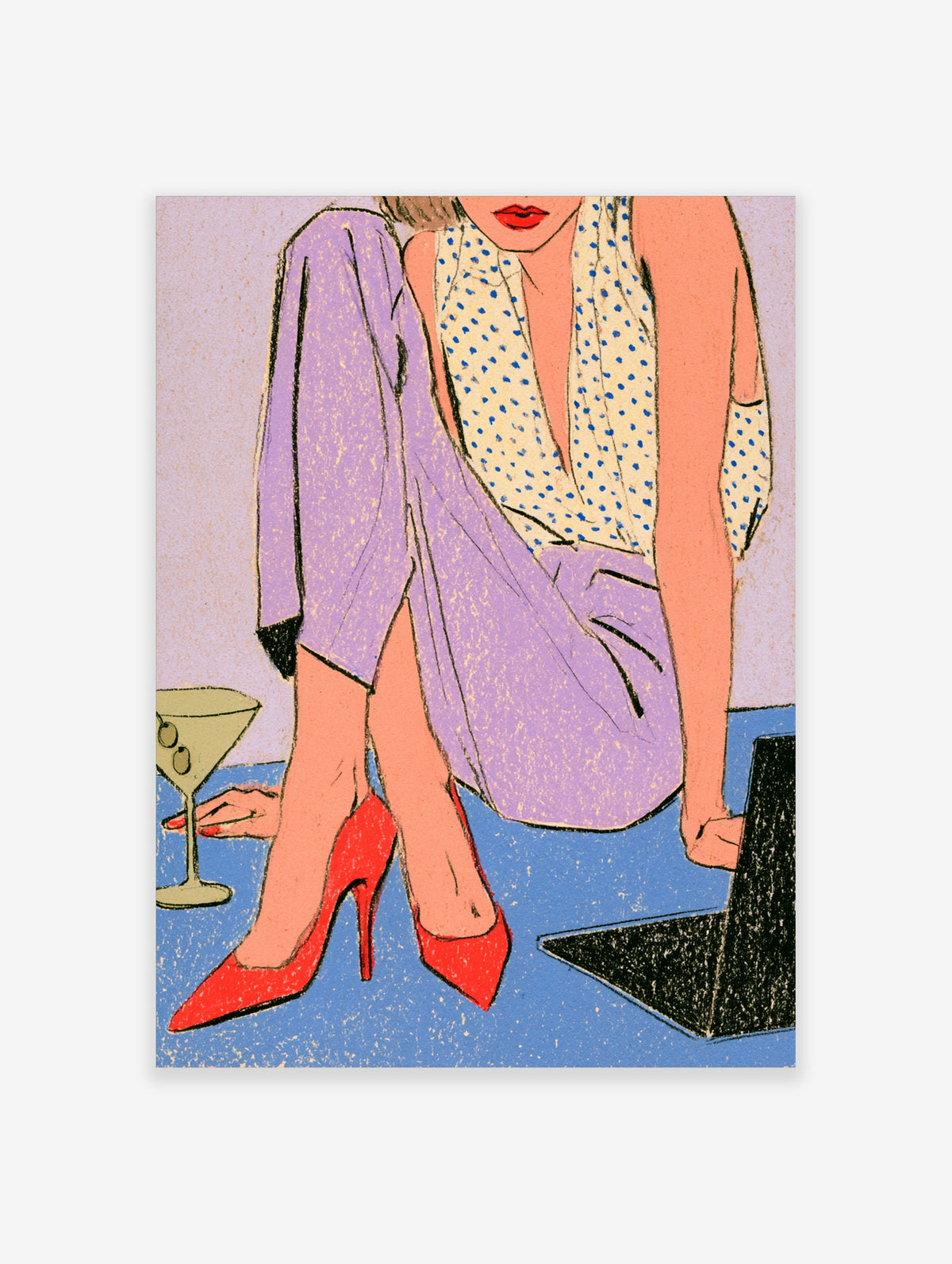 Retro illustration of a woman in lilac suit and red heels seated with a martini glass and laptop