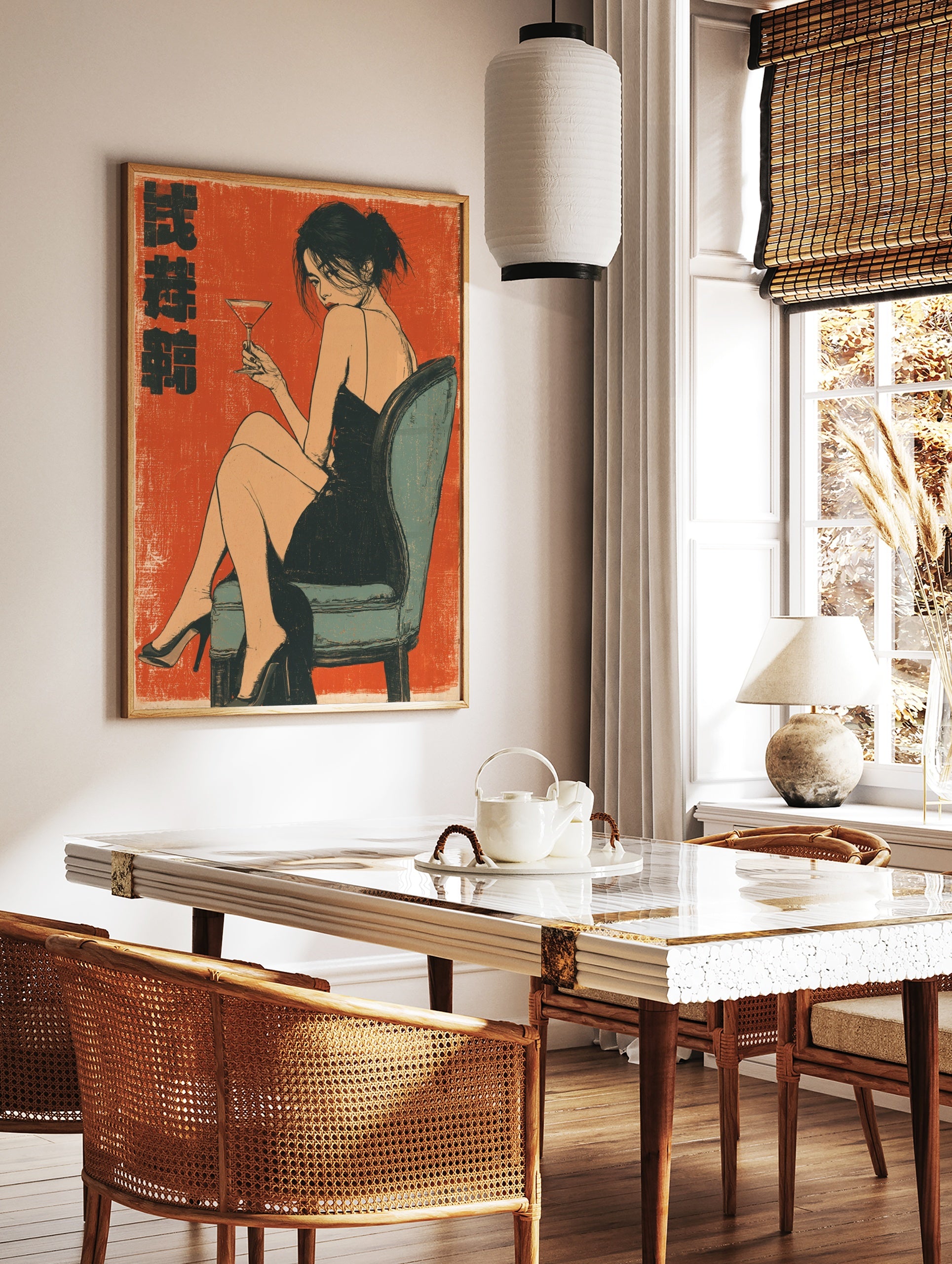 Retro illustration of a woman in a black dress holding a martini glass on a vibrant orange, in a styled room mockup