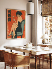 Retro illustration of a woman in a black dress holding a martini glass on a vibrant orange, in a styled room mockup