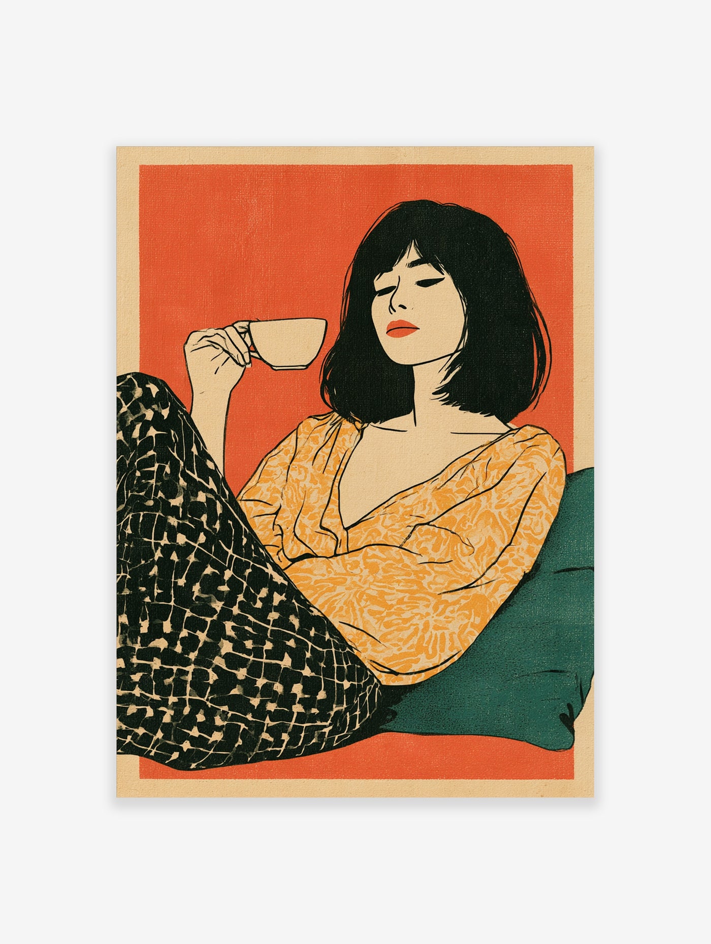 Illustrative art print of a woman with a tea cup in an orange and teal retro style, unframed wall art
