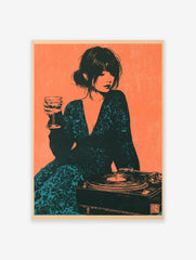 Illustrative art print of a woman holding a wine glass next to a record player in teal and orange colours