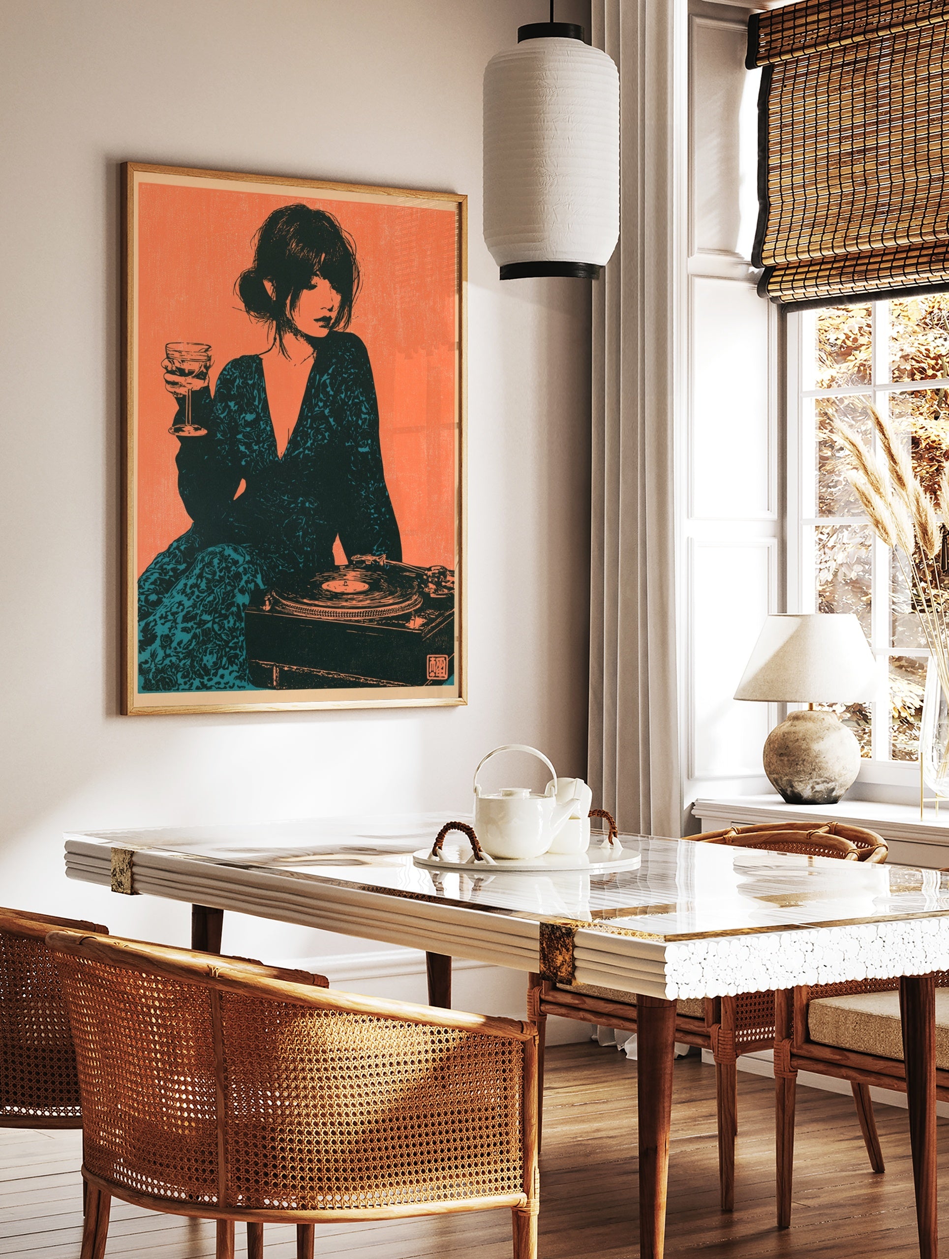 Illustrative art print of a woman holding a wine glass next to a record player in teal and orange, in a styled room mockup