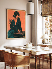 Illustrative art print of a woman holding a wine glass next to a record player in teal and orange, in a styled room mockup