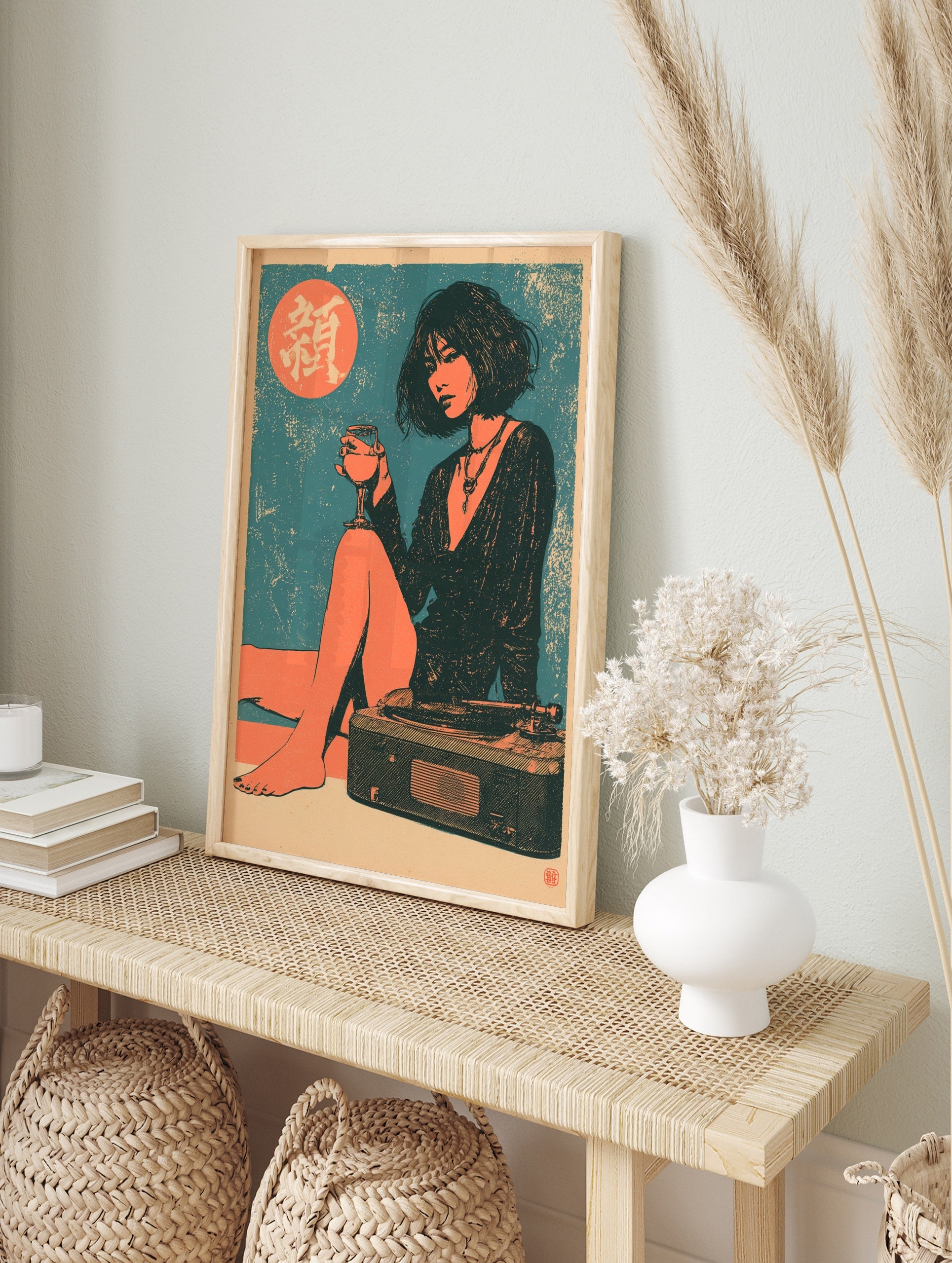 Illustrative portrait wall art of a woman holding wine and sitting on a record player against, in an alternate framed mockup