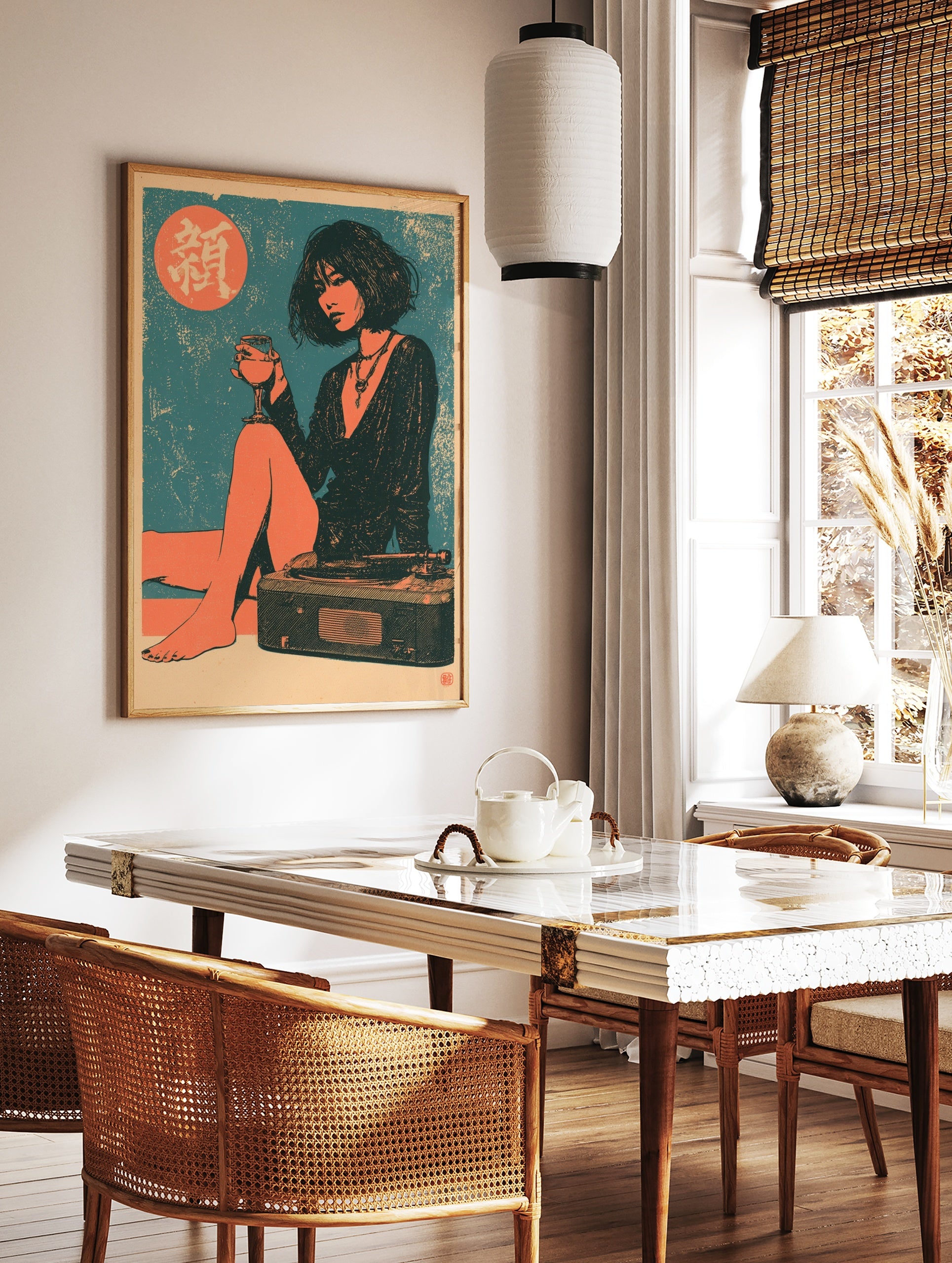 Illustrative portrait wall art of a woman holding wine and sitting on a record player against an, in a styled room mockup