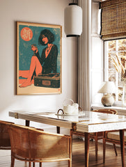 Illustrative portrait wall art of a woman holding wine and sitting on a record player against an, in a styled room mockup