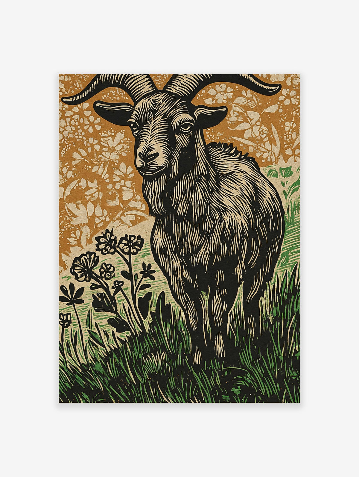 Woodcut style print of a ram goat with large horns in grass and flowers, brown and green background