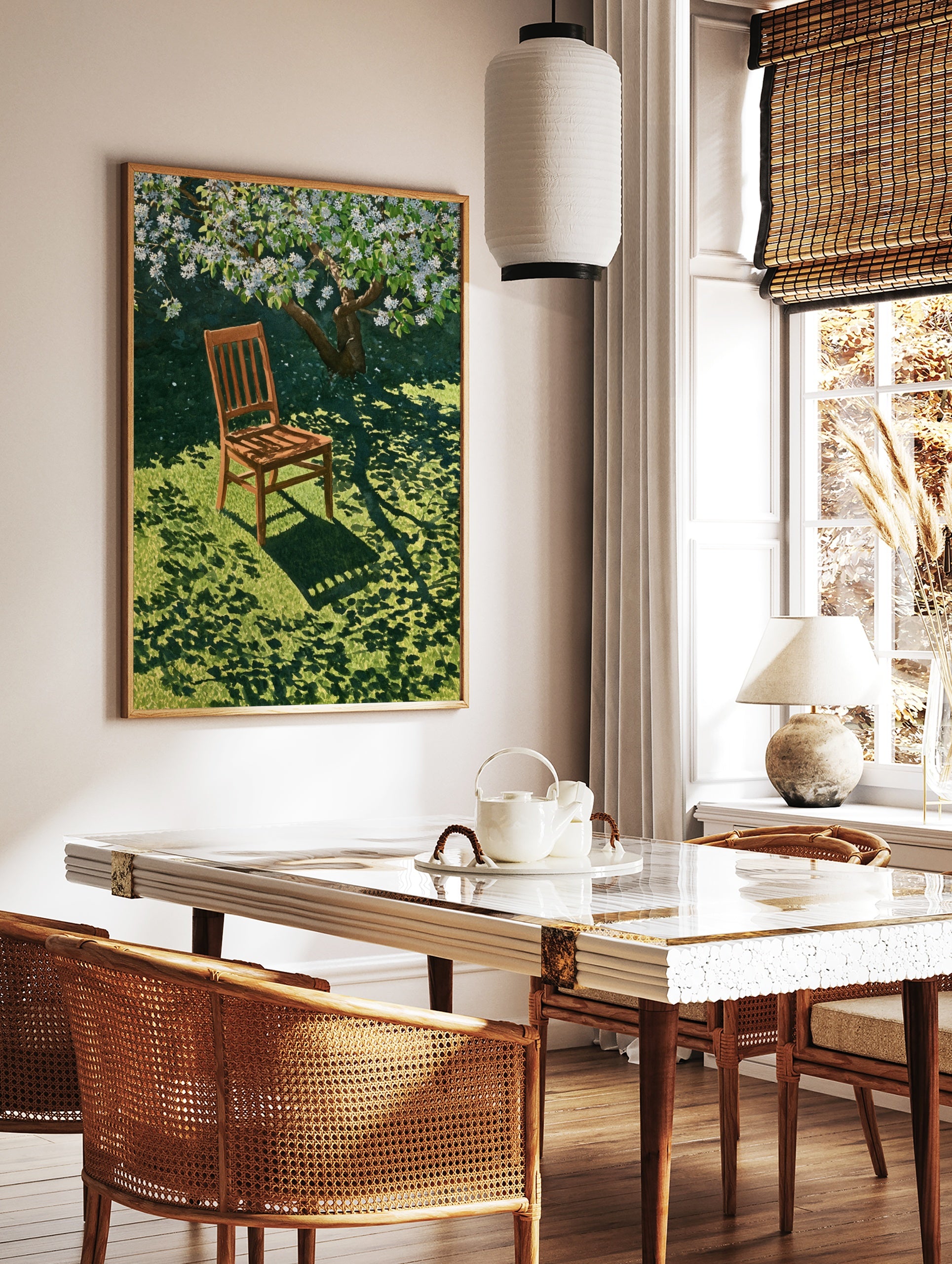 Wooden chair resting on green grass under a blooming white tree, casting dappled shadows on the lawn, in a styled room mockup