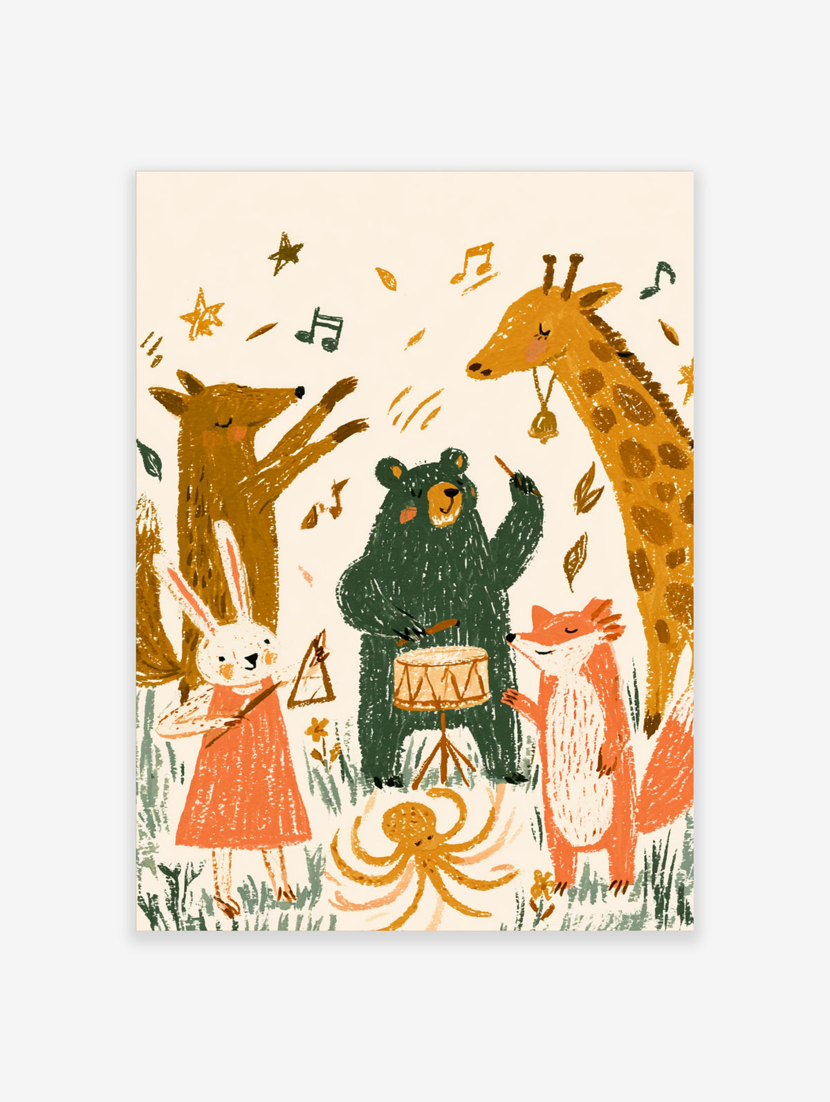 Woodland animal band poster with bear drumming, fox dancing, giraffe, rabbit, and octopus on cream background