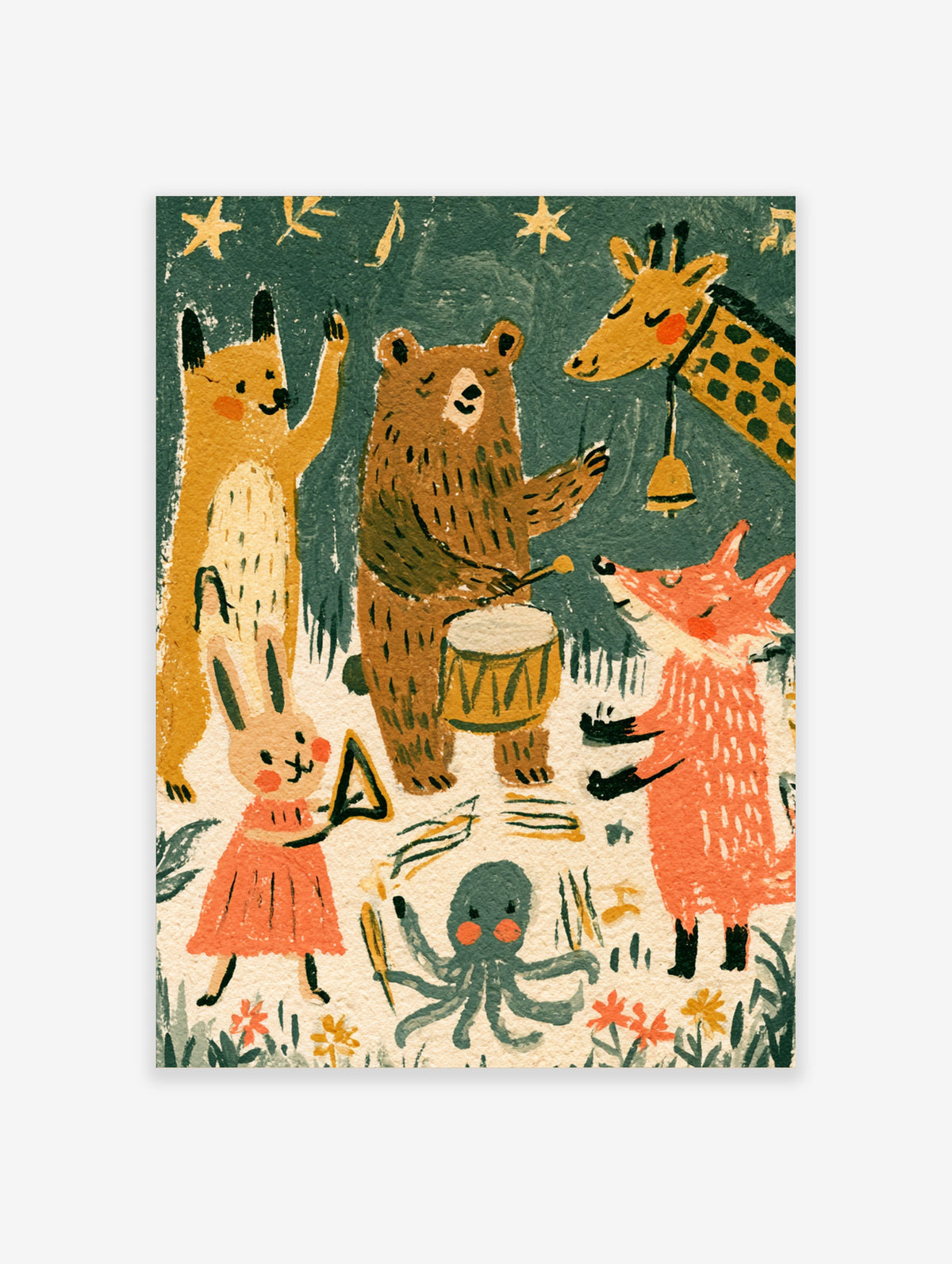 Woodland animal band poster with bear drumming, fox dancing, giraffe, rabbit and octopus under stars