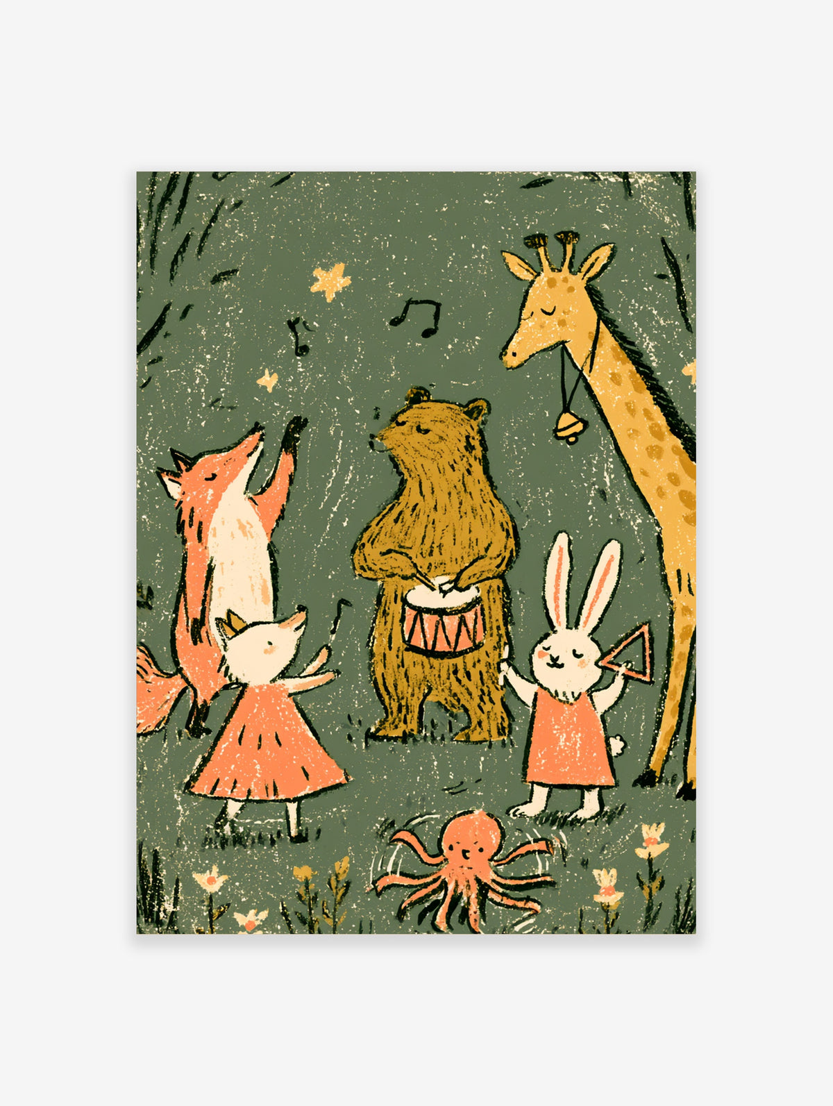 Woodland animal band poster with bear on drums, dancing fox, rabbit, giraffe and octopus on green background