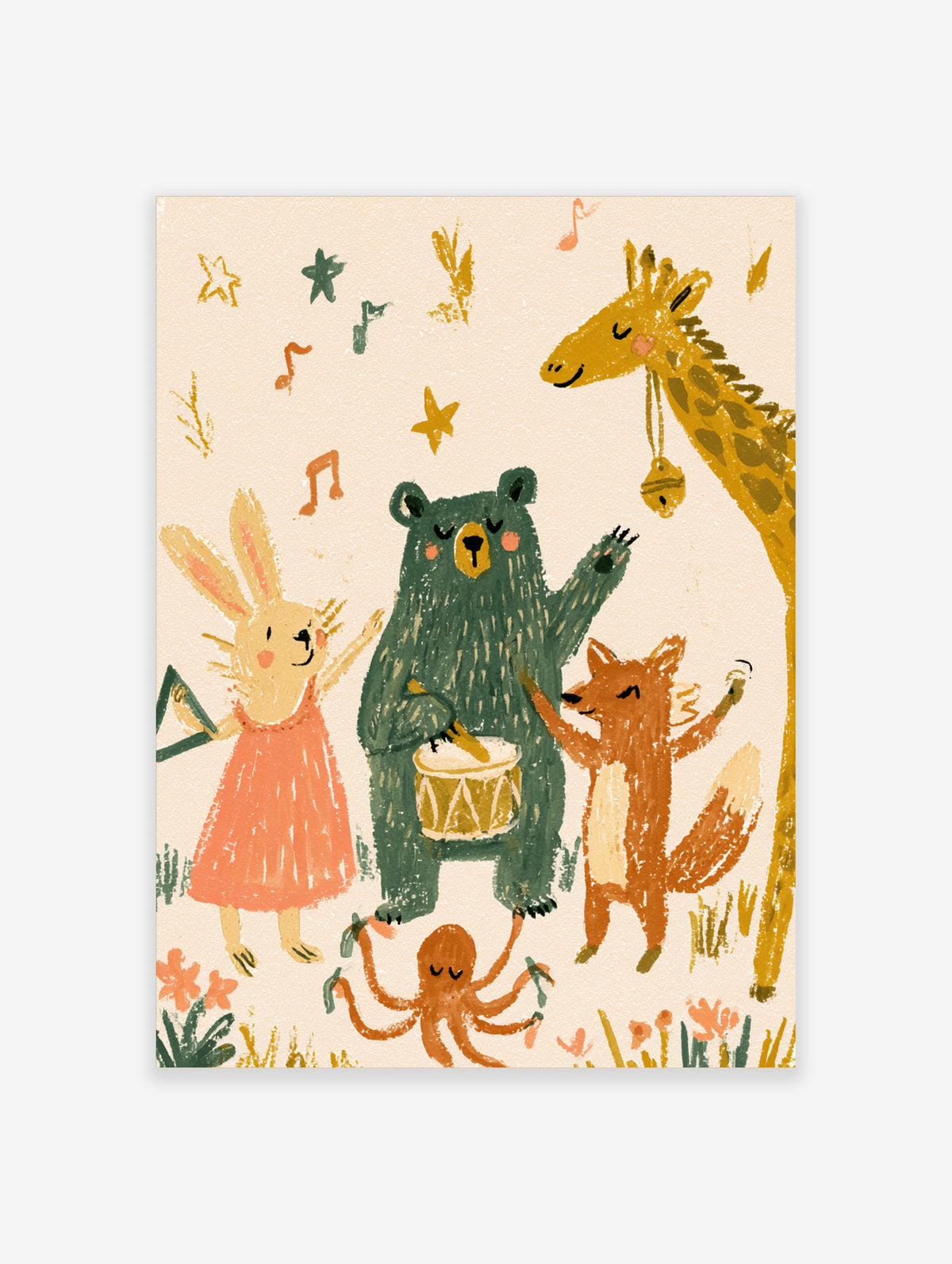 Woodland animal band poster with drumming bear, dancing fox, rabbit, giraffe, and octopus on cream background