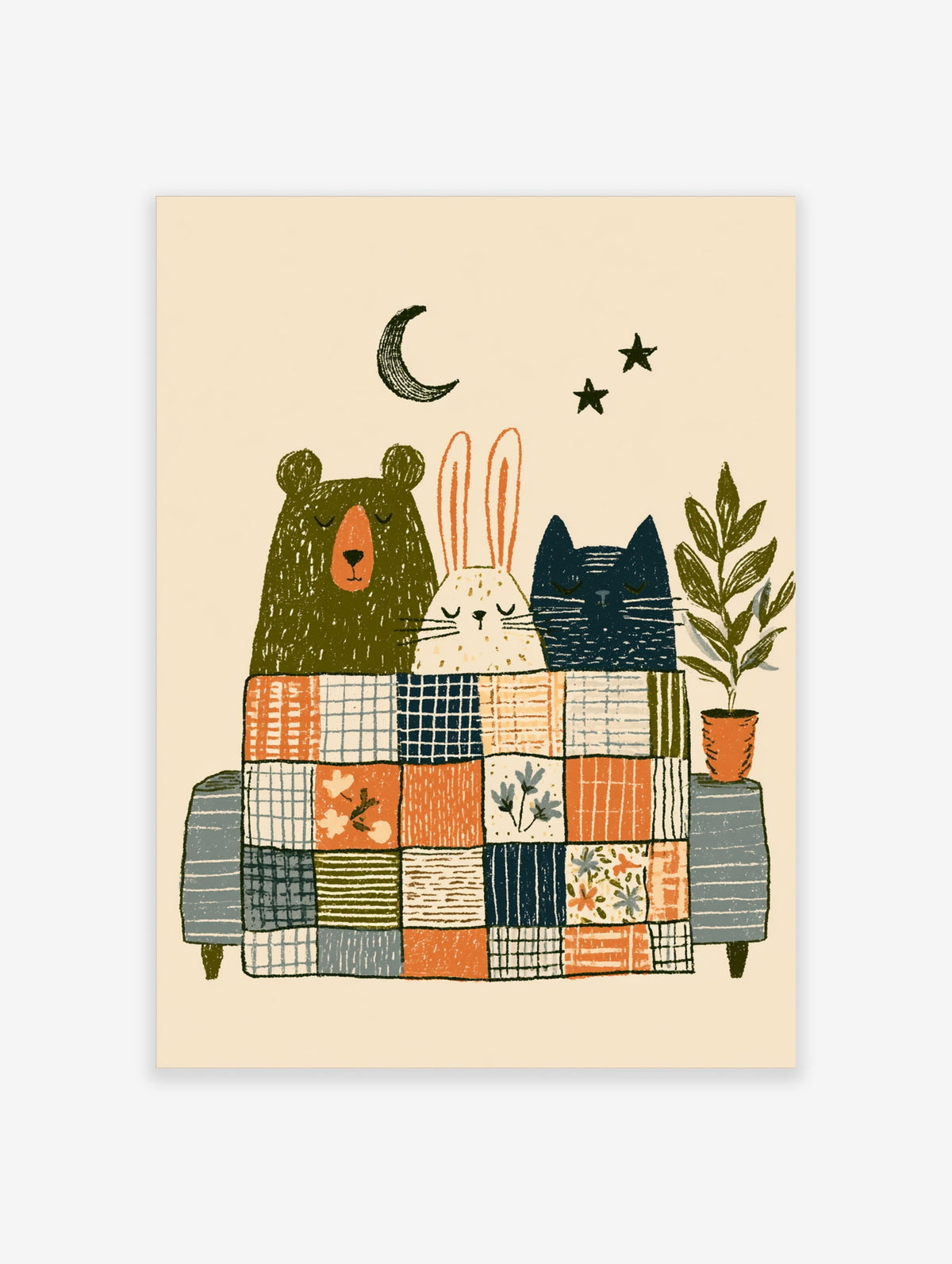 Woodland animal poster with bear, rabbit, and cat under a patchwork quilt beneath a crescent moon and stars