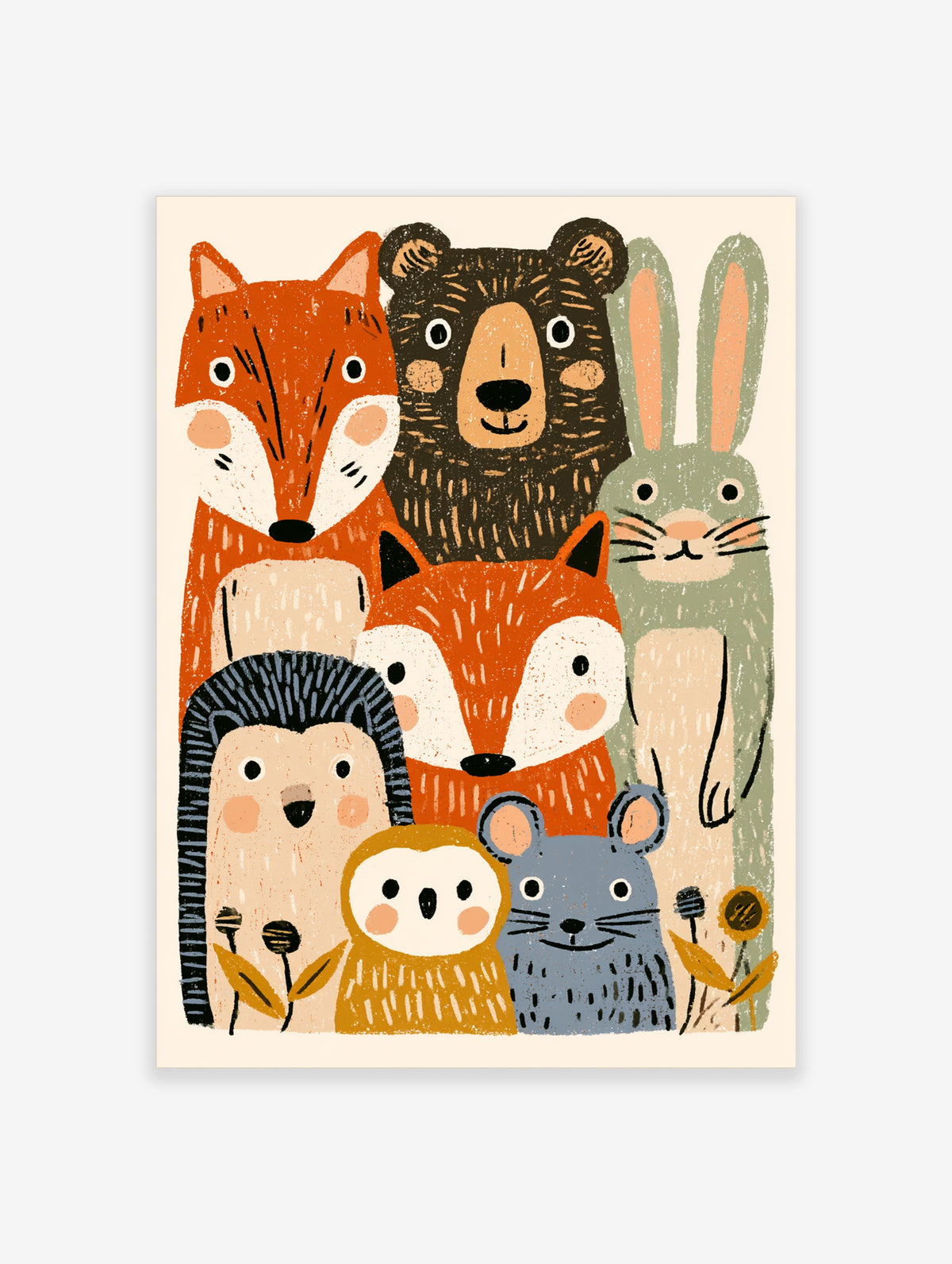 Woodland animal poster with fox, bear, bunny, hedgehog, owl and mouse in orange, brown and green