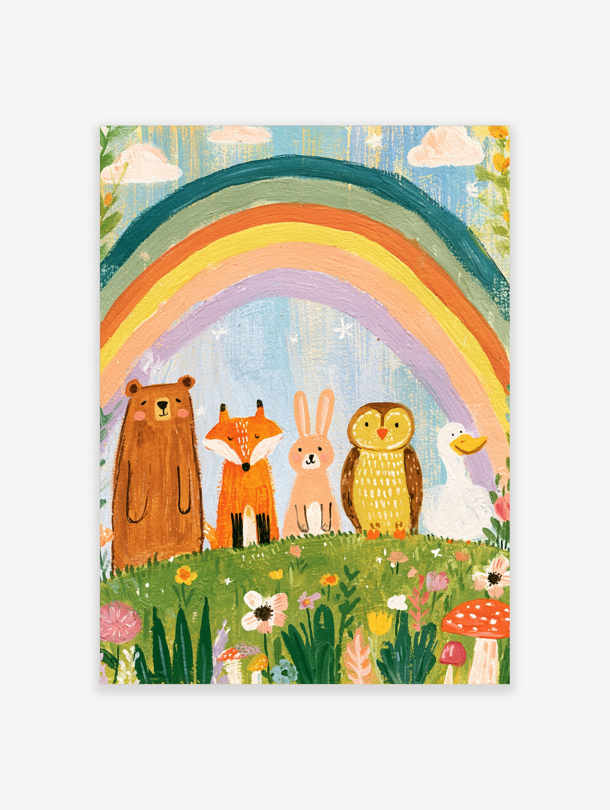 Woodland animal rainbow poster with bear, fox, rabbit, owl and duck on grass