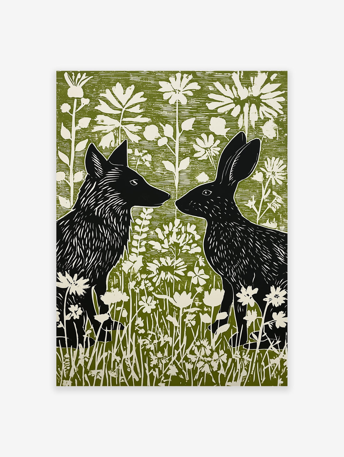Black fox and rabbit facing each other in a green and white linocut style woodland animal wall art print with flowers.
