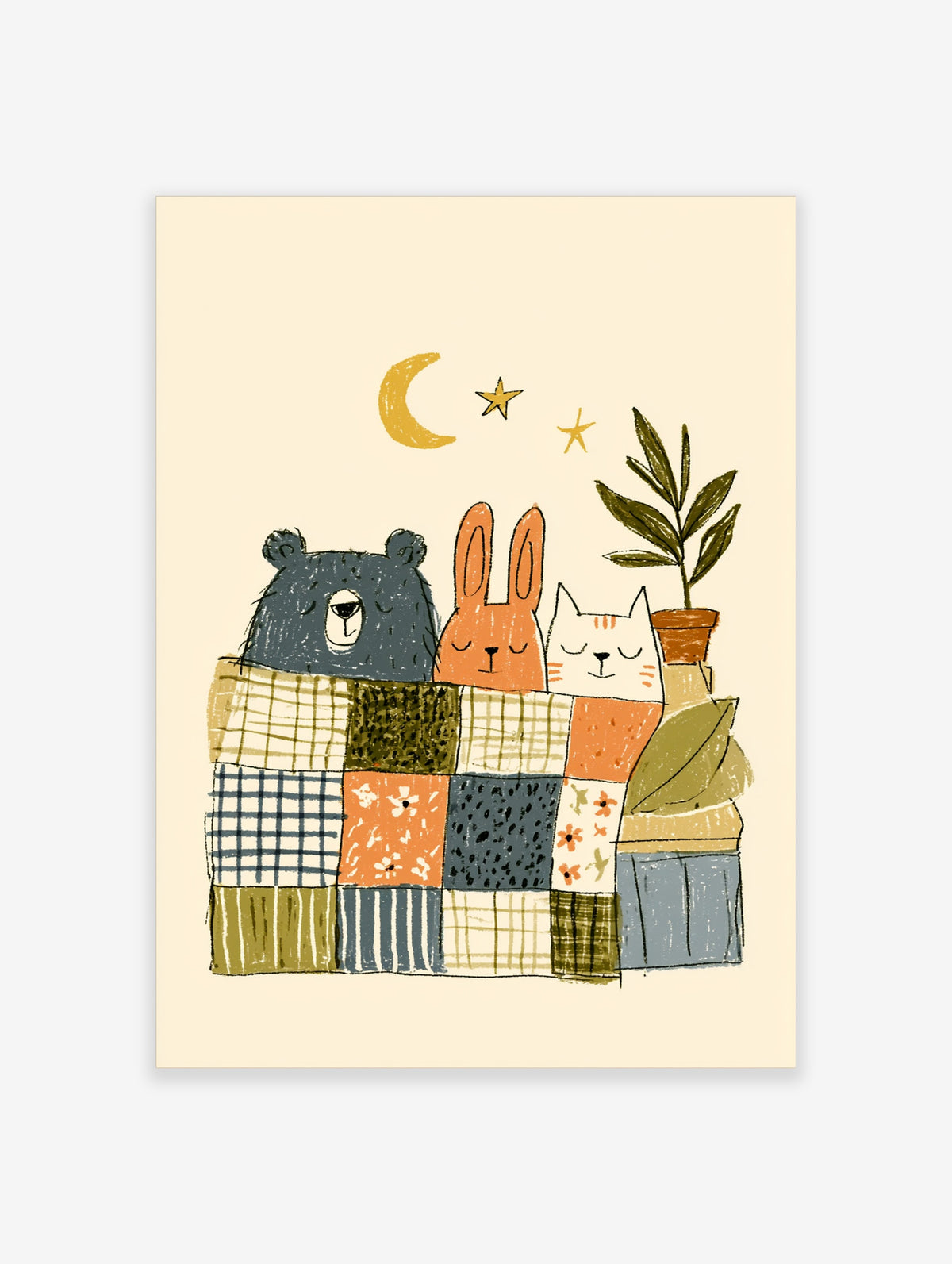 Woodland animals poster with bear, rabbit, and cat under a crescent moon and stars, resting on a patchwork quilt