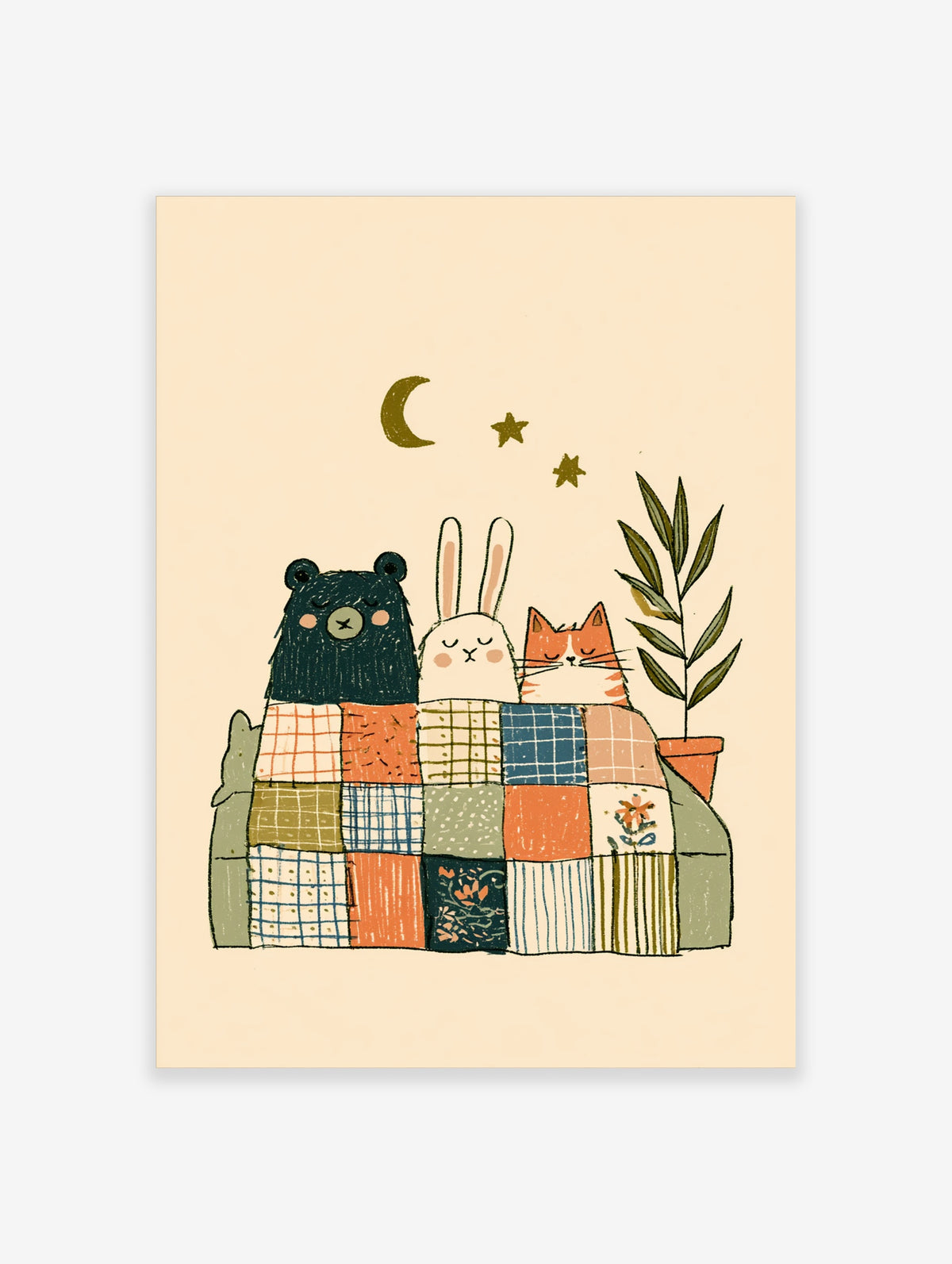 Woodland animals poster with bear, rabbit and cat under a patchwork quilt, crescent moon and stars