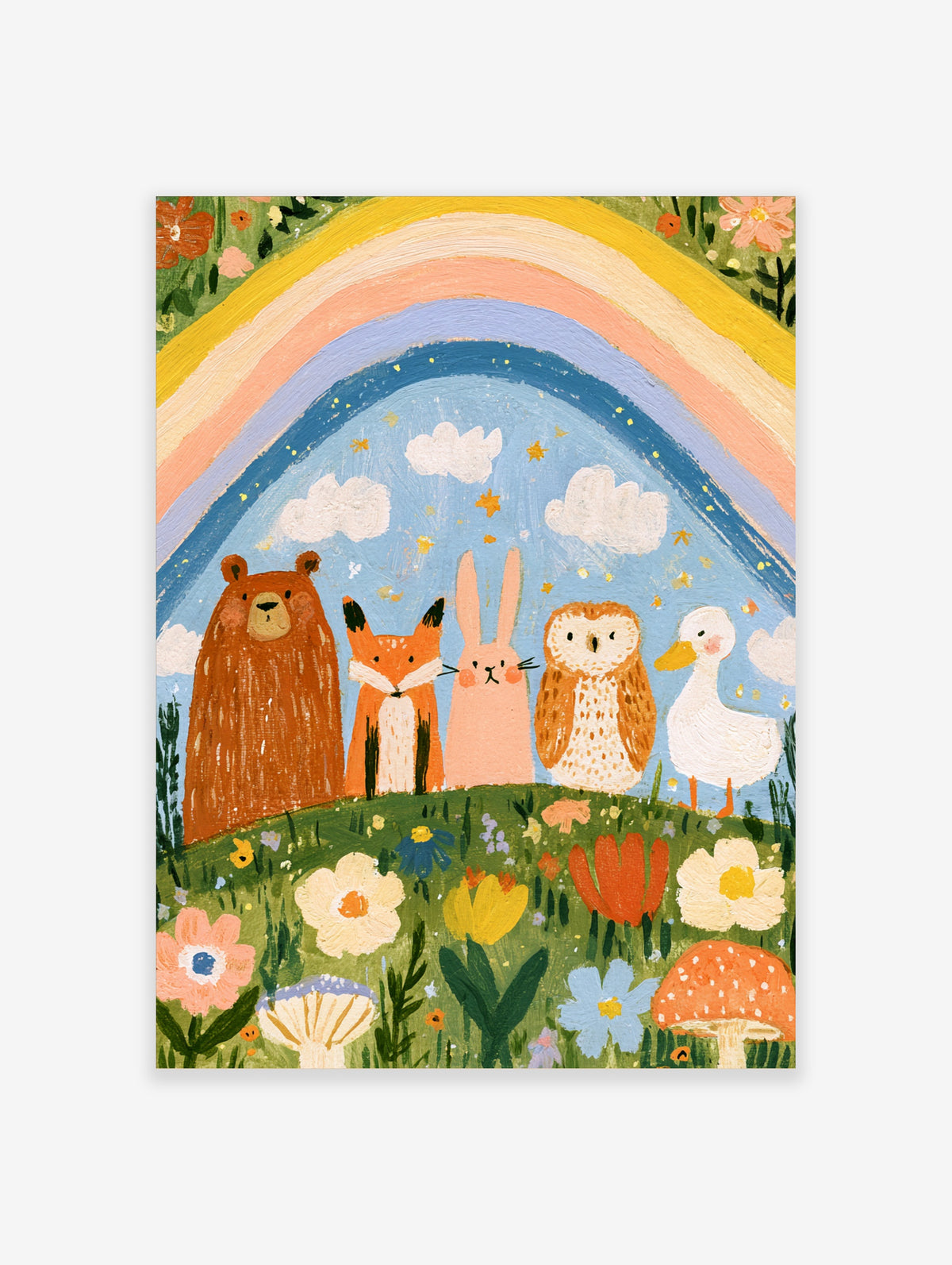 Colourful woodland animals poster with bear, fox, rabbit, owl and duck under a rainbow on a grassy hill