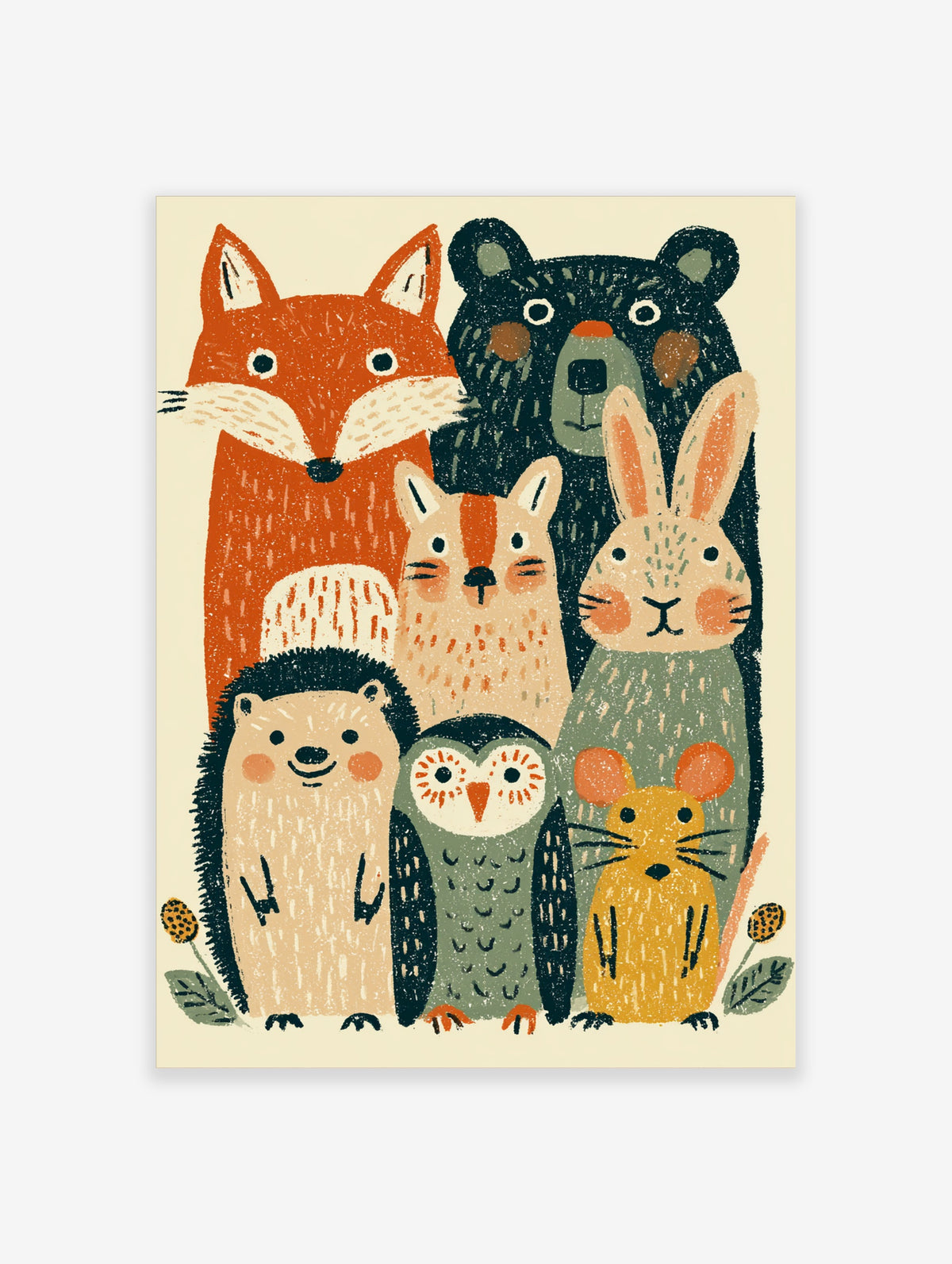 Woodland animals illustration with fox, bear, hedgehog, squirrel, owl, rabbit and mouse on cream background