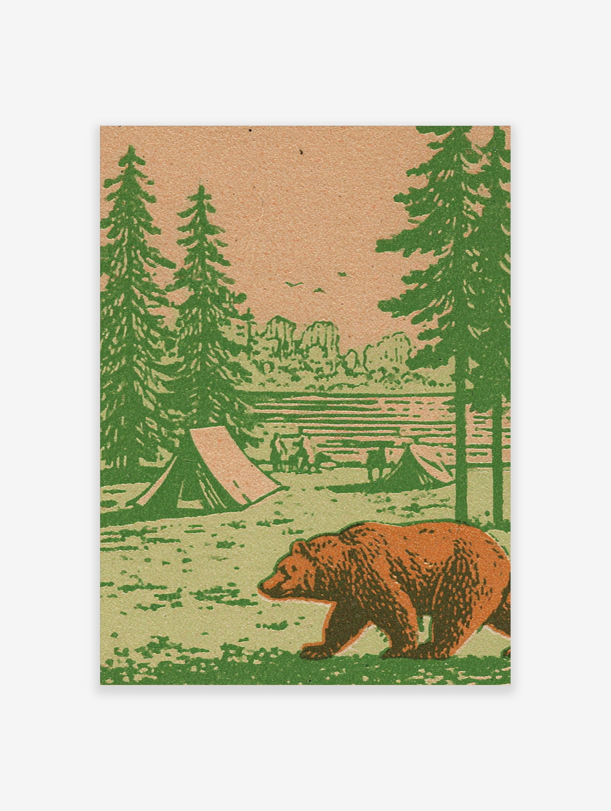 Retro camping poster with brown bear, two tents, pine trees, lake, and birds in green and beige