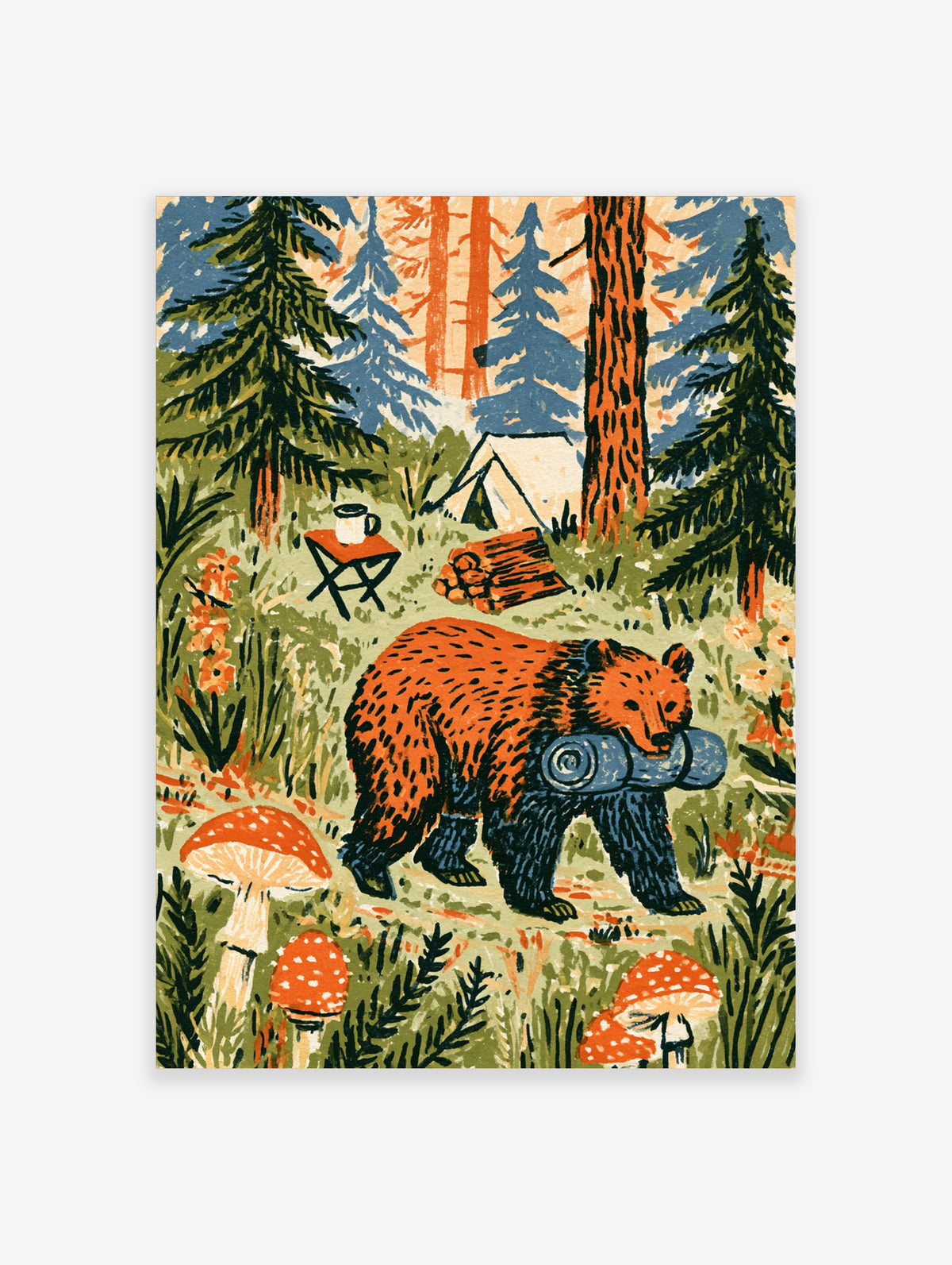 Woodland bear camping poster with brown bear carrying blue cooler in pine forest, tent and mushrooms