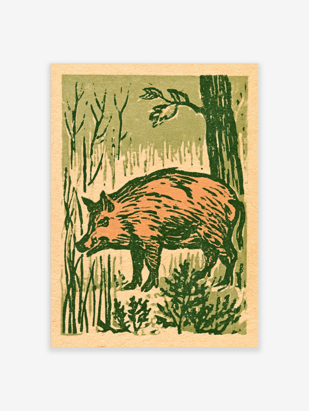 Woodland boar poster with peach boar and dark green foliage in relief print style