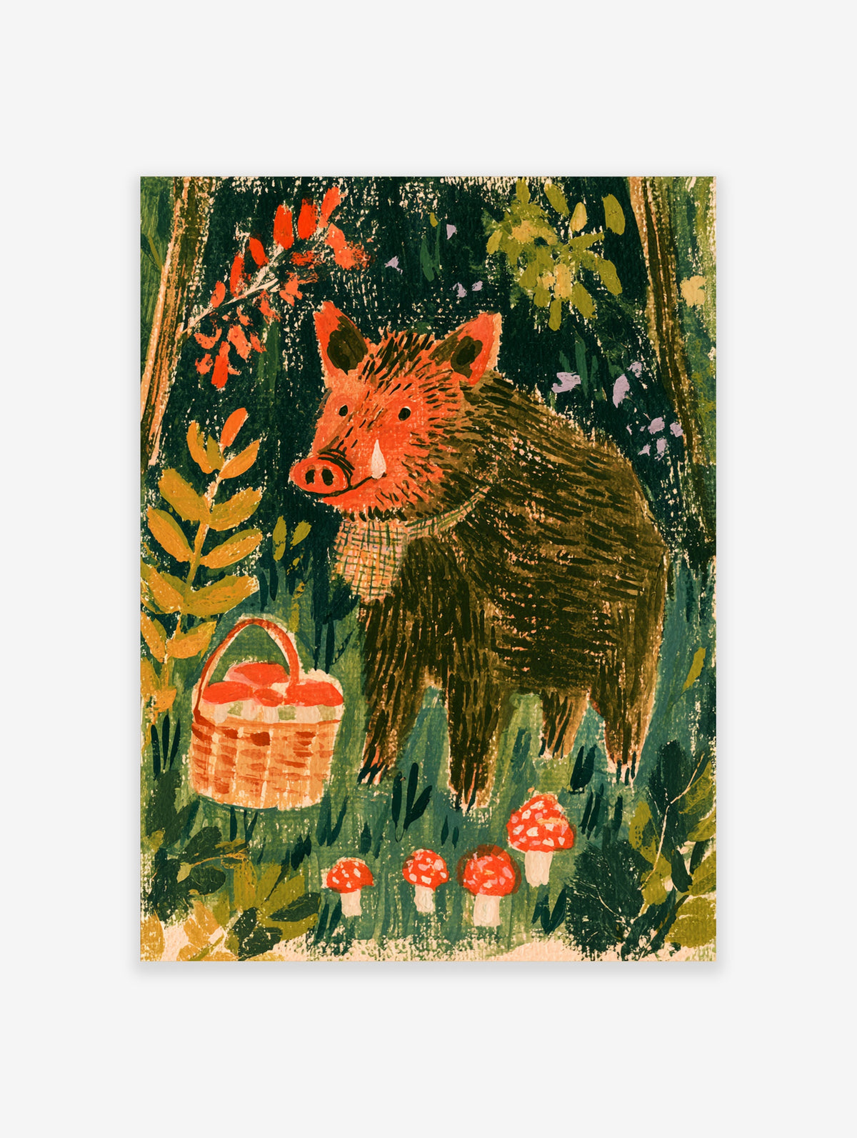 Woodland boar poster with red apples and toadstools in a dark green forest illustration