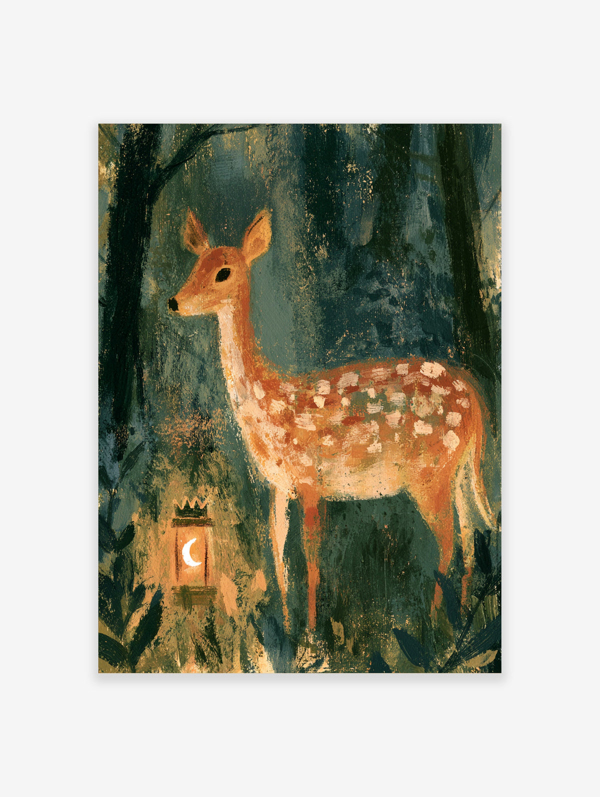 Woodland deer art print with spotted fawn and crescent moon lantern in a dark green forest