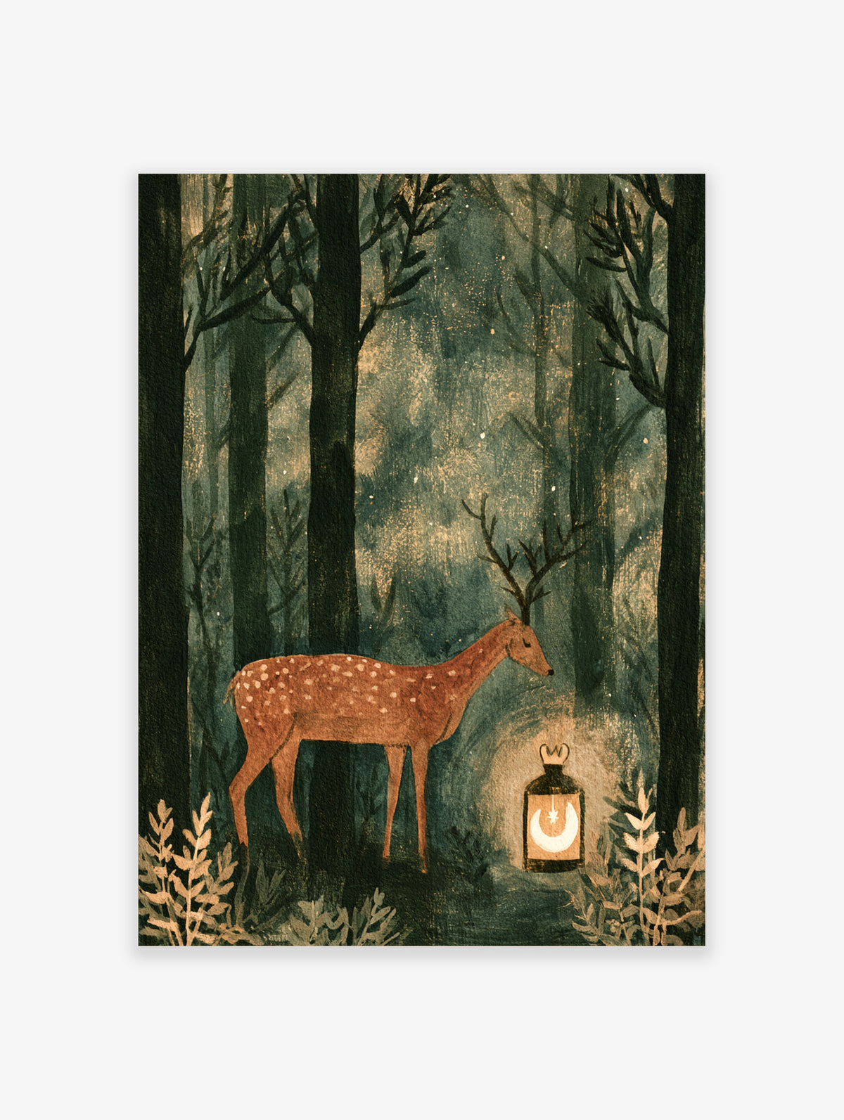 Illustrated deer in a dark forest beside a lantern with a crescent moon and star