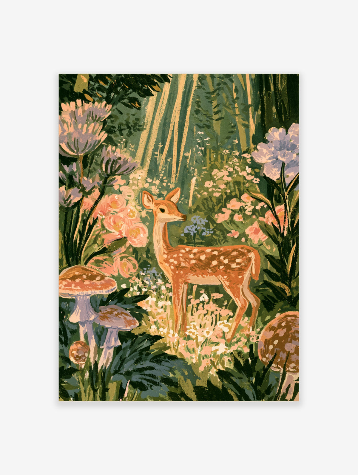 Illustrated woodland deer print with spotted fawn, pink flowers, mushrooms, and sunlit forest trees
