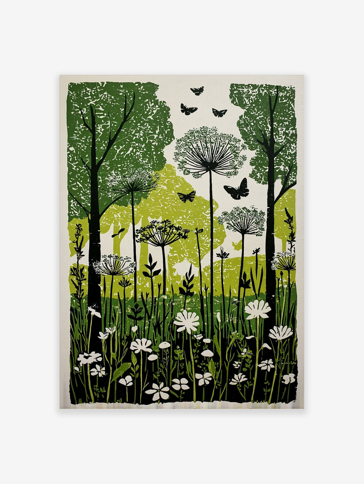 Illustrative green and white woodland forest art print with trees, botanical flowers, and butterflies