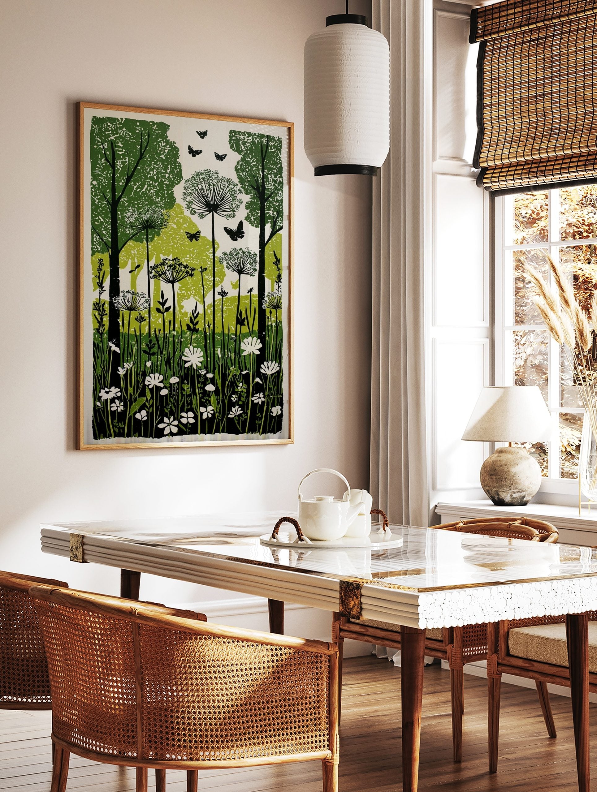 Illustrative green and white woodland forest art print with trees, botanical flowers, and, in a styled room mockup