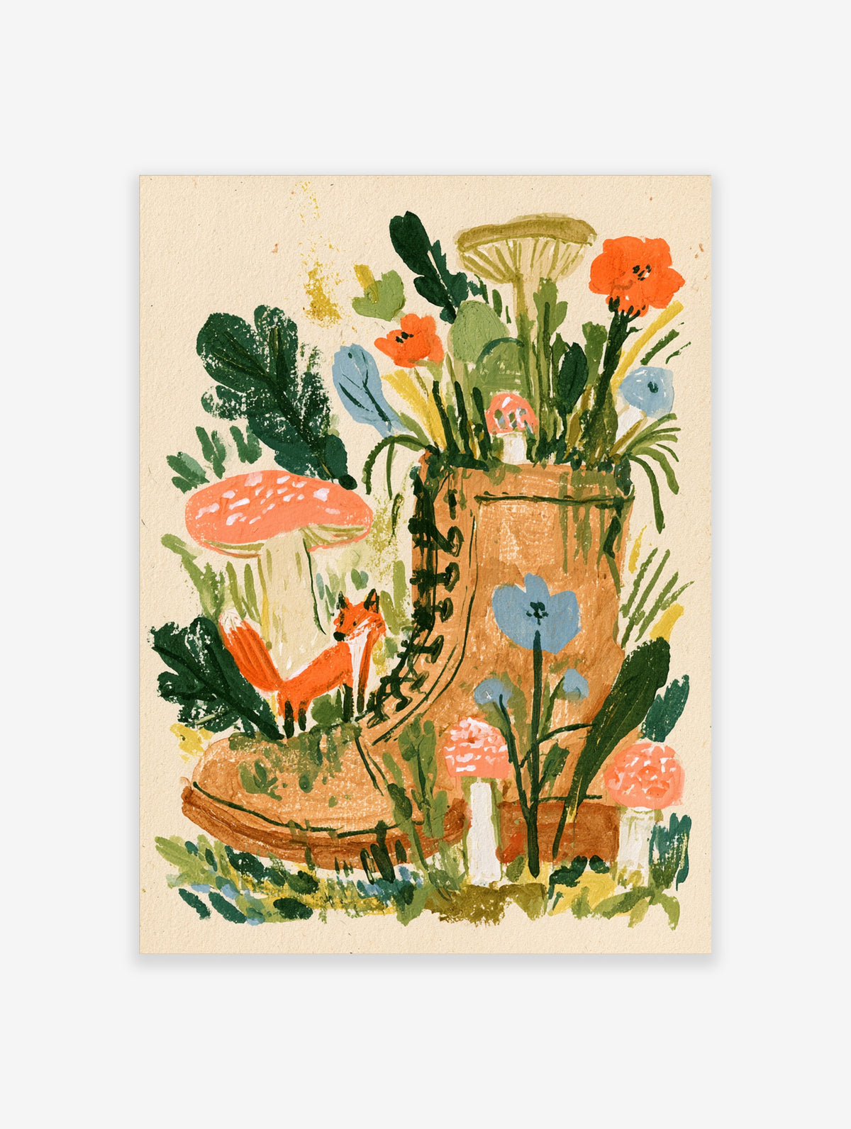 Woodland fox and mushroom poster with red fox, toadstools, and flowers in a brown boot