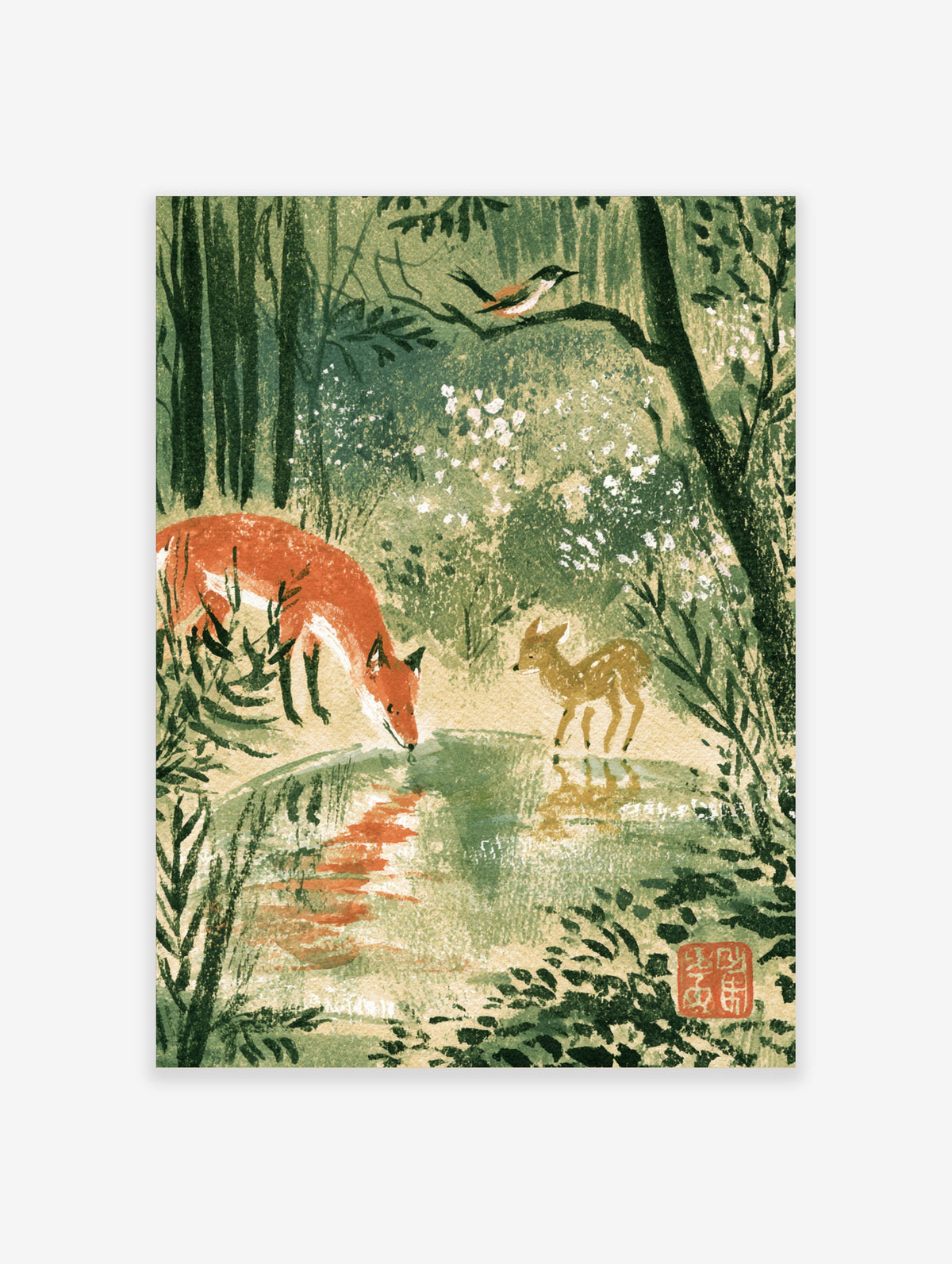 Woodland fox and deer art print with red fox drinking beside a spotted fawn in a green forest pool