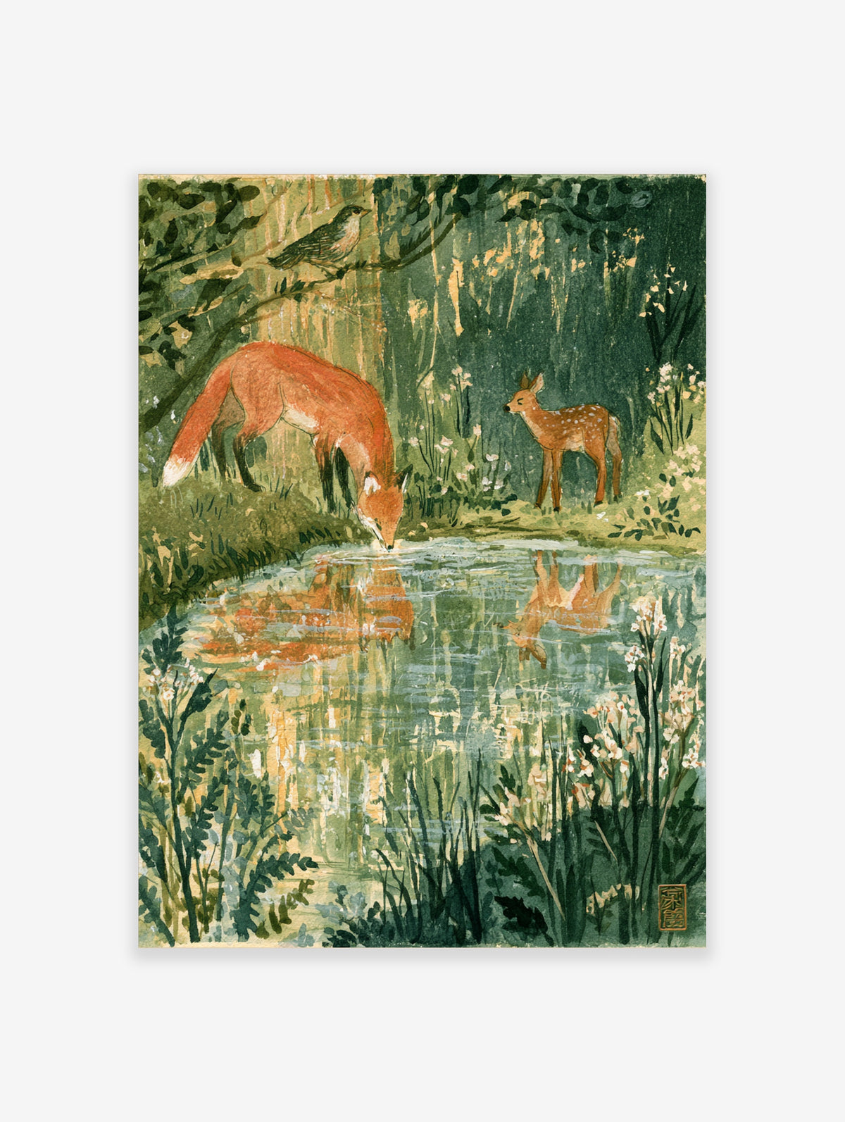 Woodland fox and fawn art print with a drinking fox, spotted deer, bird, and green pond reflections