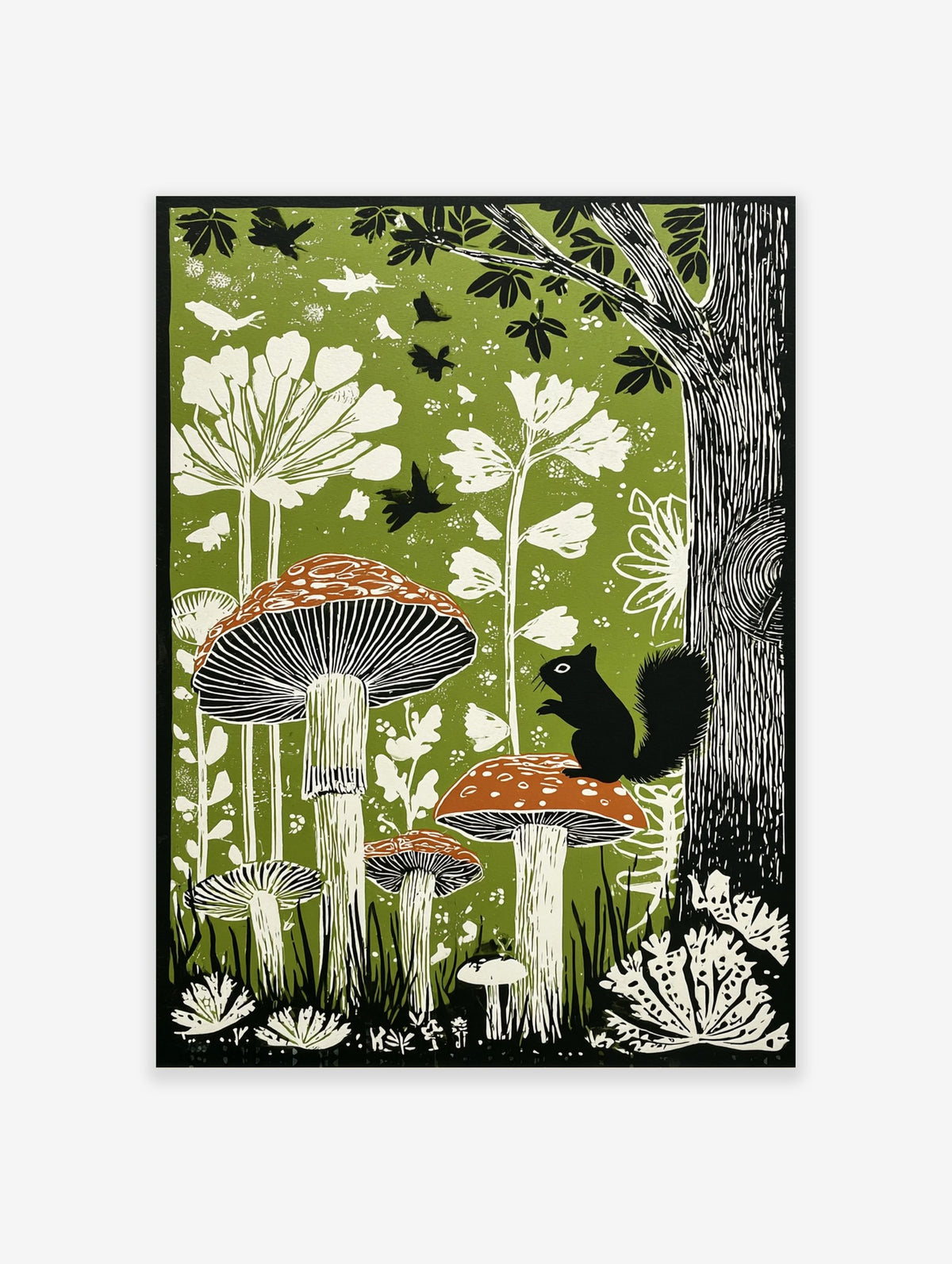 Illustrative woodland art print with large mushrooms, a black squirrel, white plants, and birds on a green background