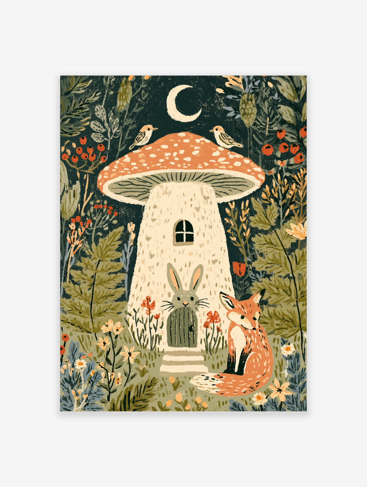 Whimsical mushroom house illustration with rabbit, fox, birds, crescent moon, and woodland foliage