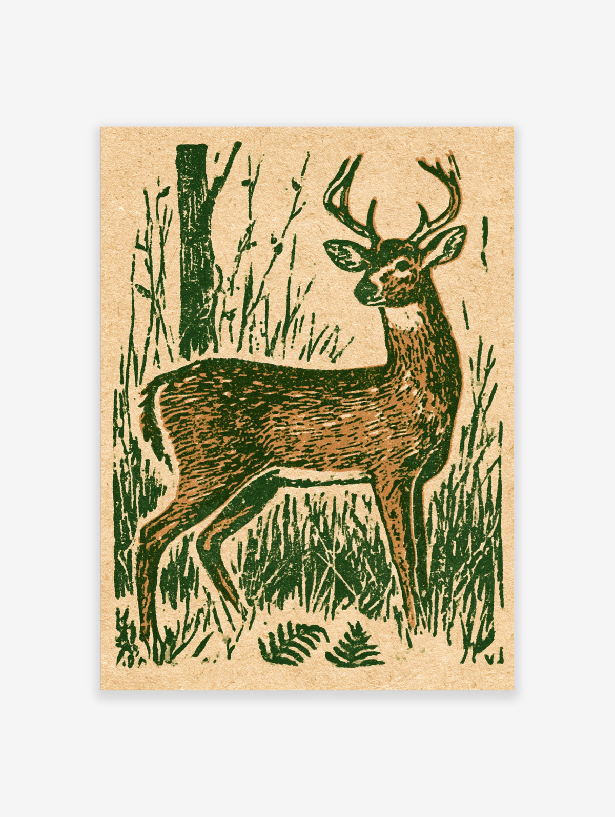 Vintage-style stag deer art print standing among tall green grass and trees on a tan background