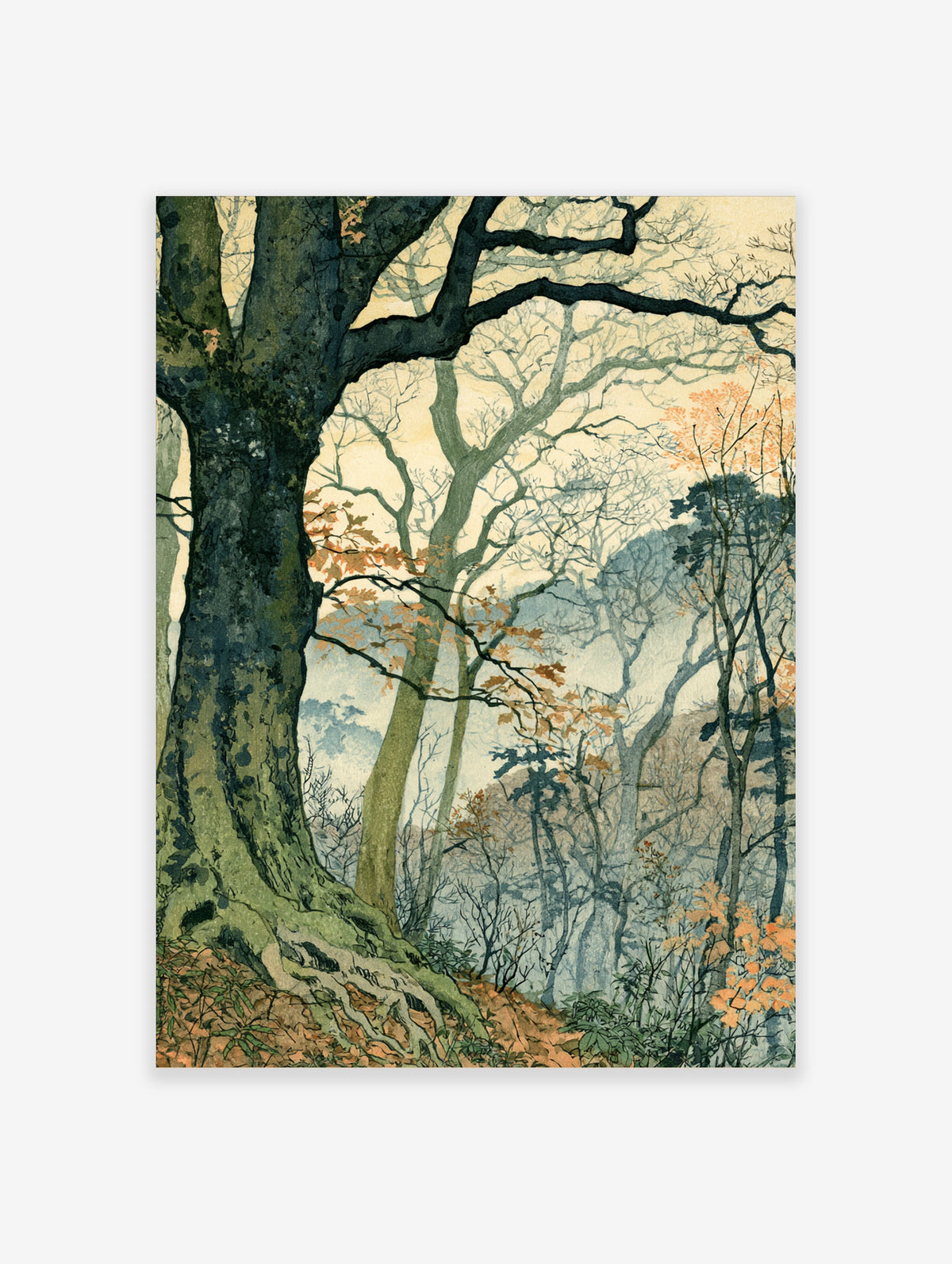 Woodland tree art print with gnarled trunk, autumn leaves, and misty blue hills