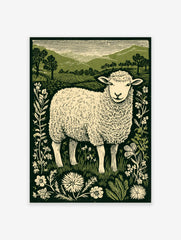 Illustrative print of a woolly sheep surrounded by wildflowers and green hills under a striped sky