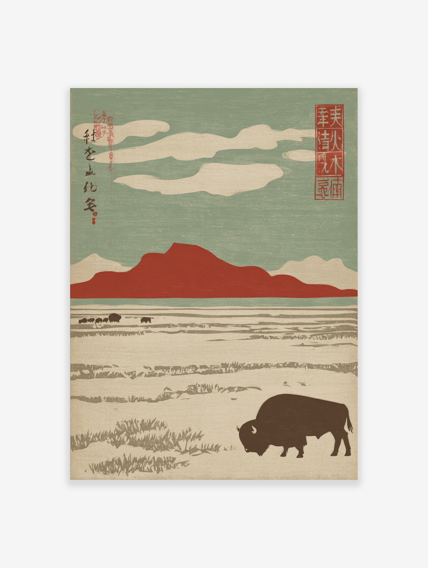 Yak grazing in snowy landscape with red mountain and Japanese kanji, woodblock style print