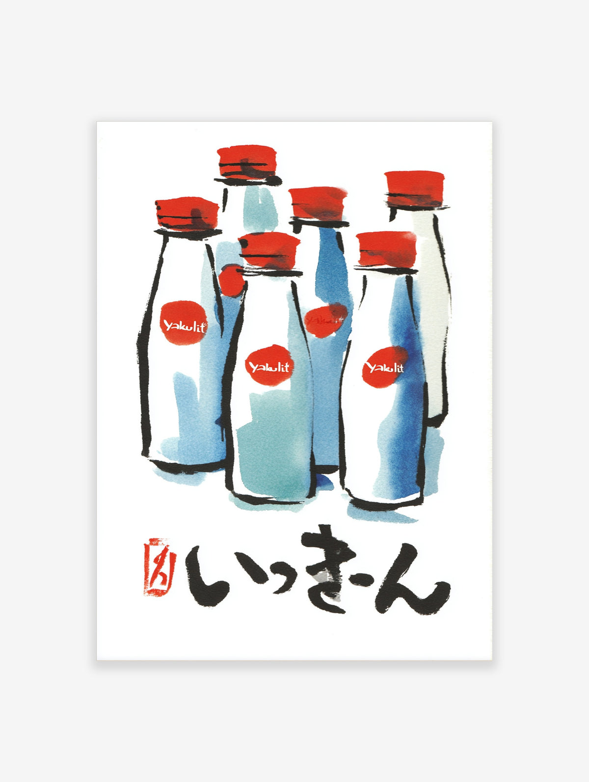 Yakult bottle poster with six red-capped bottles, blue glass and Japanese calligraphy on white