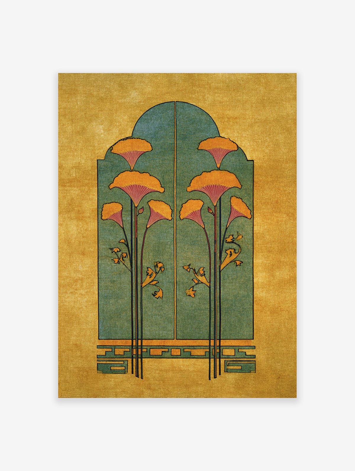 Yellow and green botanical illustration poster featuring stylized orange flowers within an arched teal structure on a golden background.