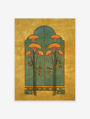 Yellow and green botanical illustration poster featuring stylized orange flowers within an arched teal structure on a golden background.